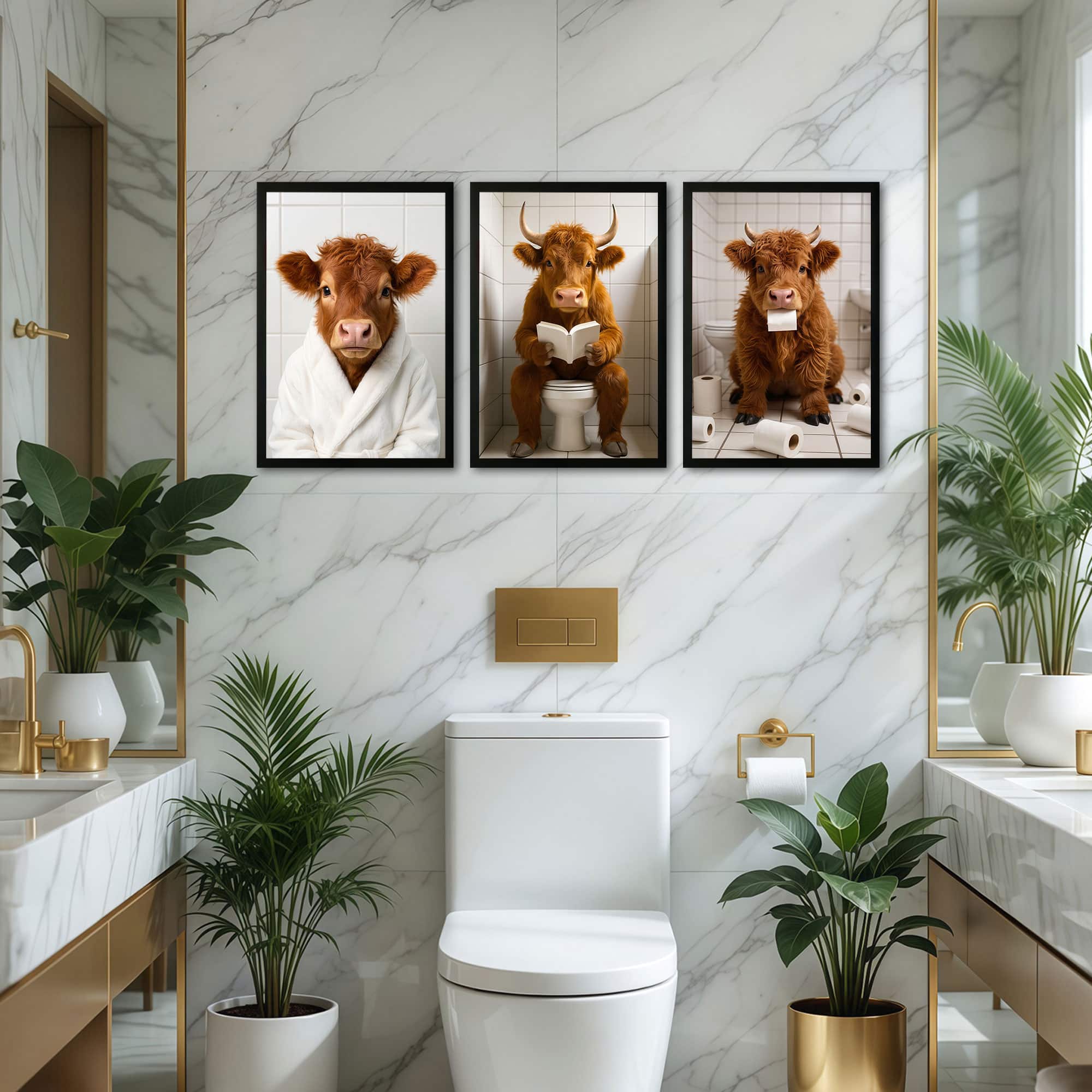 The Castle Decor Highland Cow Bathroom Wall Art Set of 3 12x18 Inch - The Castle Decor