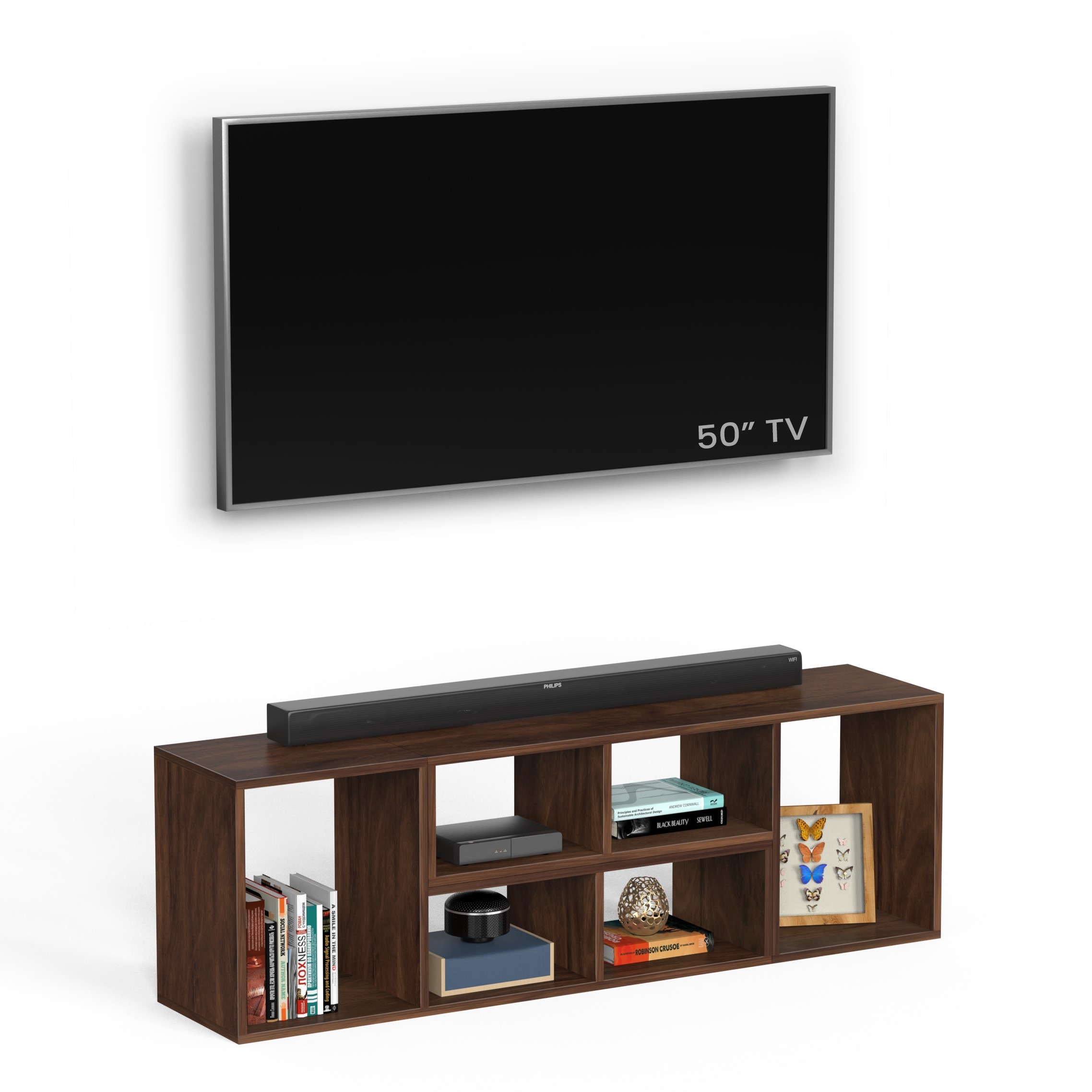 BLUEWUD Petel Engineered Wood TV Entertainment Unit/Versatile Adjustable TV Panel Stand & Storage Unit with 6 Compartments & Adjustable L-Shaped Shelves DIY Ideal Upto 65 Inches TV (Petel Brown Maple)