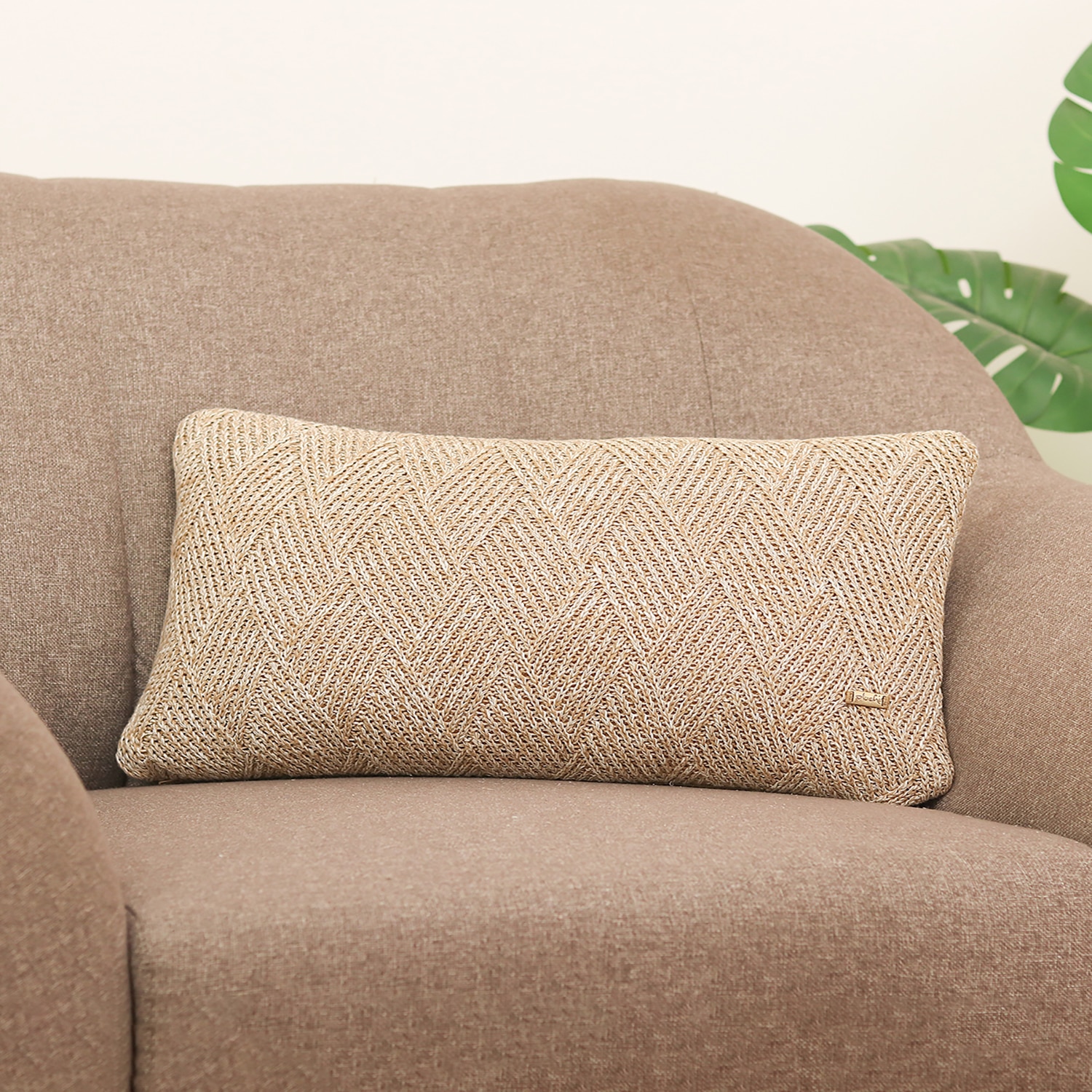 Tagus Khaki Knit Cotton Cushion Cover  12X20  Inches - Pluchi