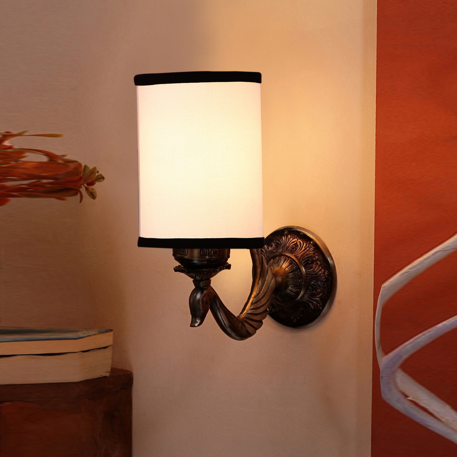 Devansh Metal Electric Wall Light in Antique Gold Colour with White & Black Shade Count of 1 Light - Devansh