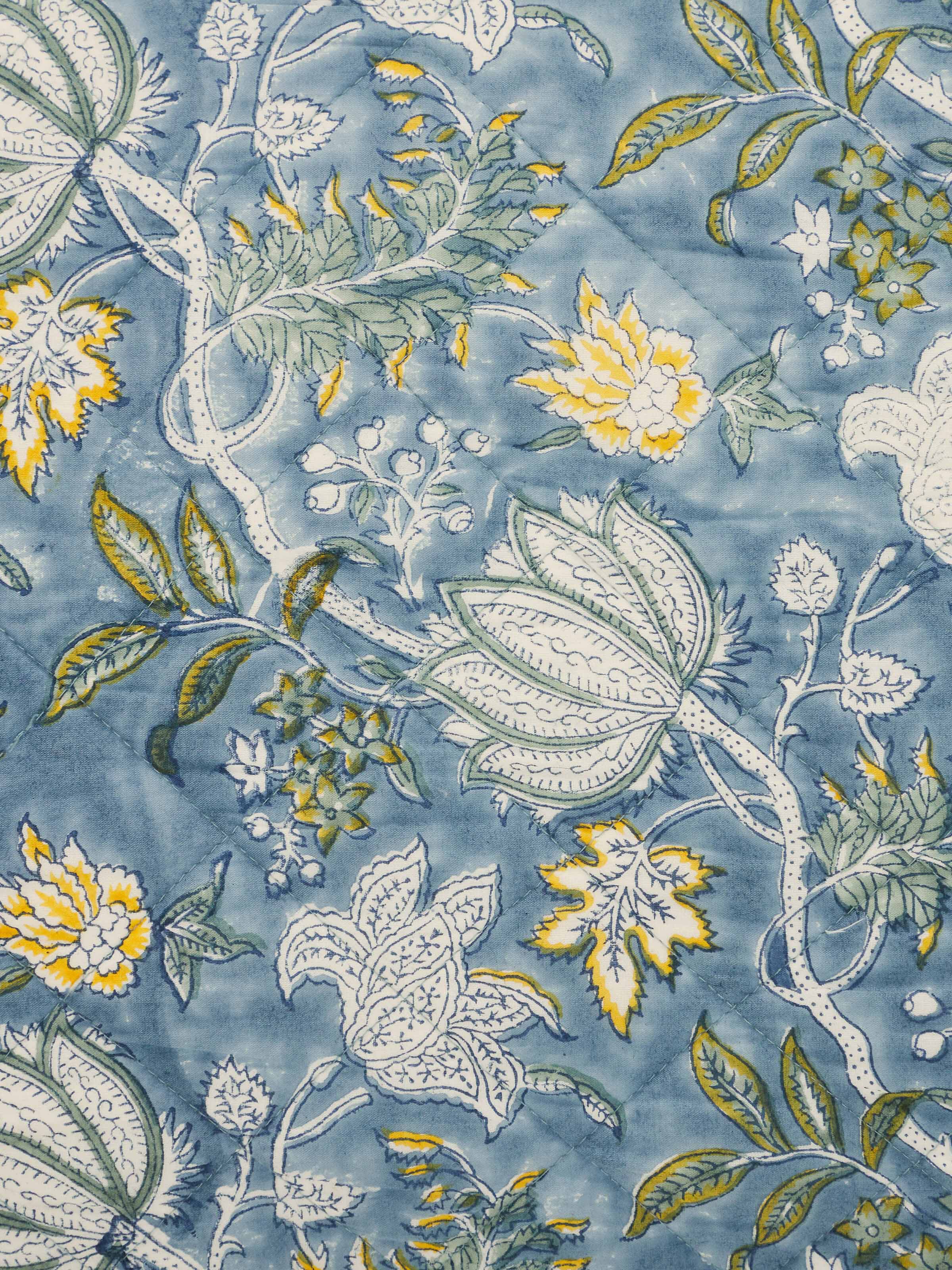 Kairavam Blue Floral Cotton Sanganeri Hand Block Printed Cushion Cover