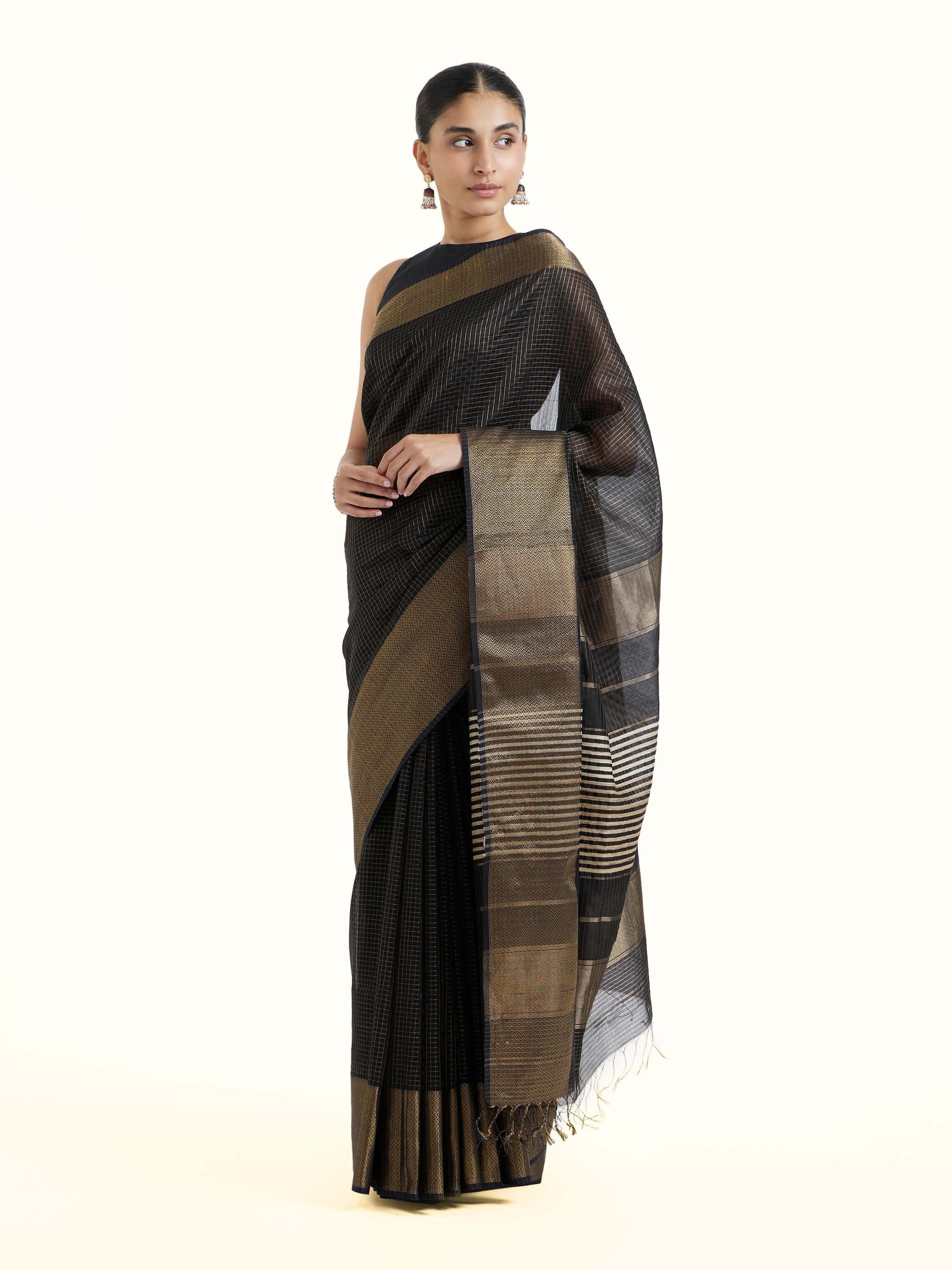 Side view of black cotton silk Maheshwari saree showcasing elegant drape
