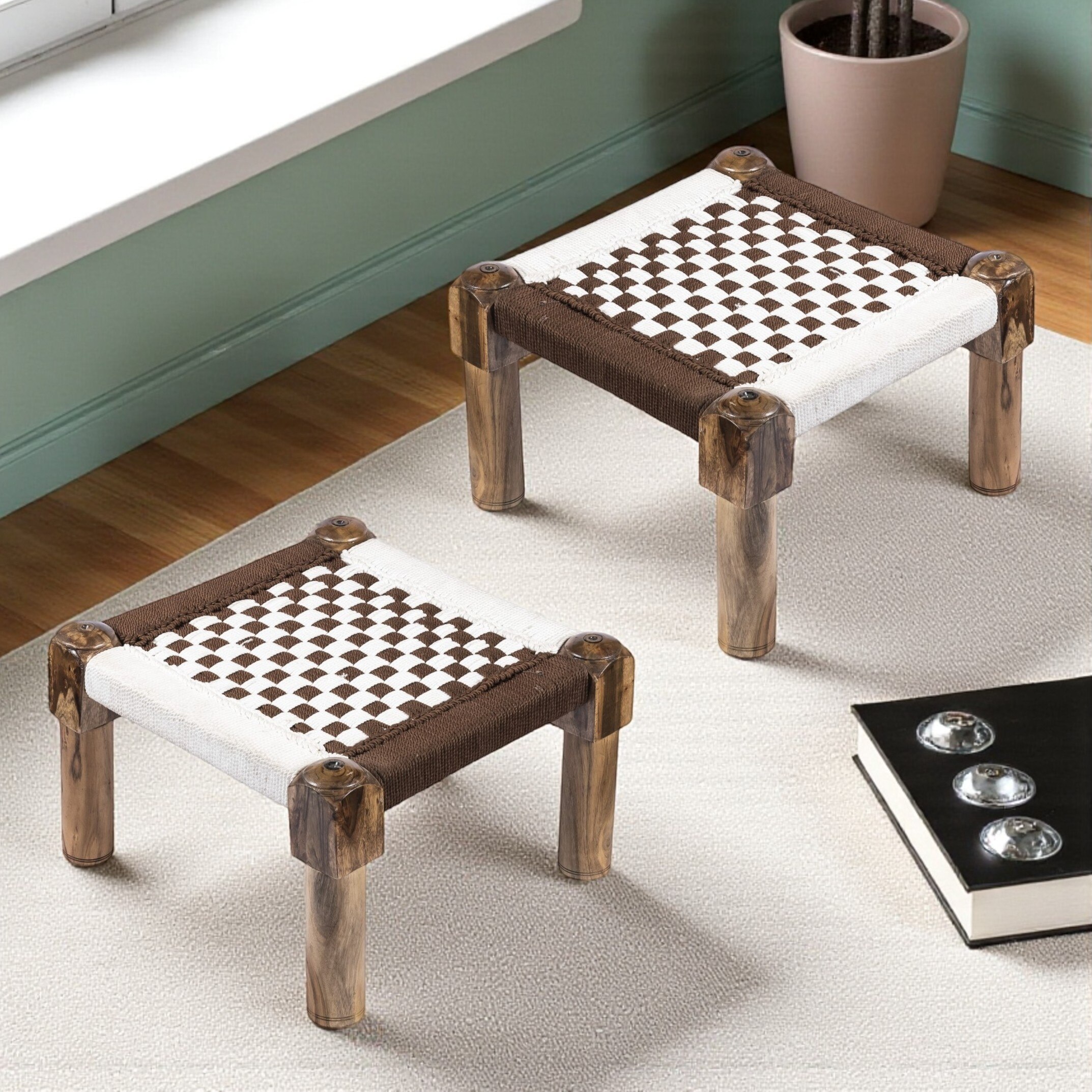 Riaza Solid Wood Maachi Foot Stool in Brown & White Check Canning