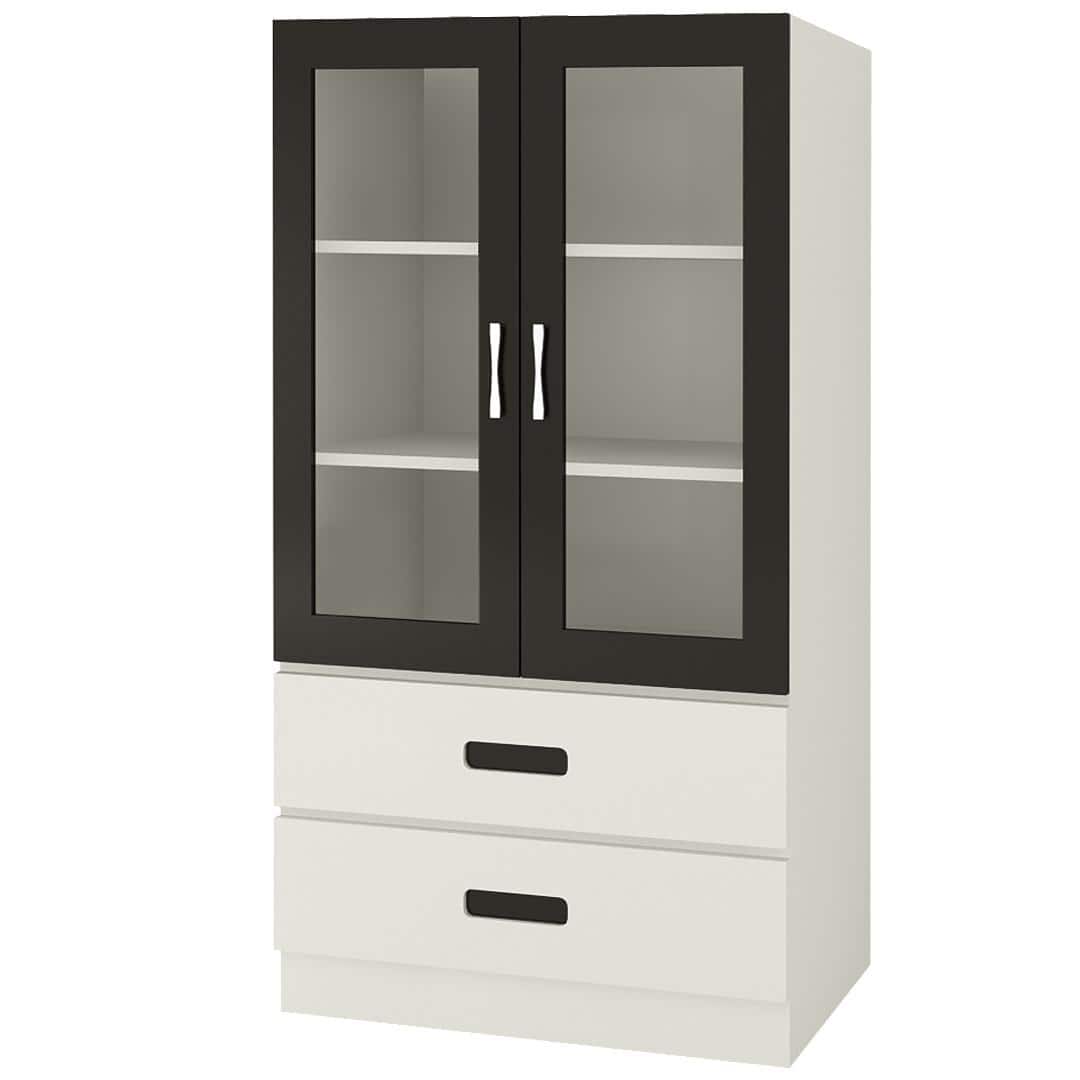 Paloma Large Crockery cum Bookshelf Cabinet with Toughened Glass Shutters and Drawers in Ivory Carbon Black Colour