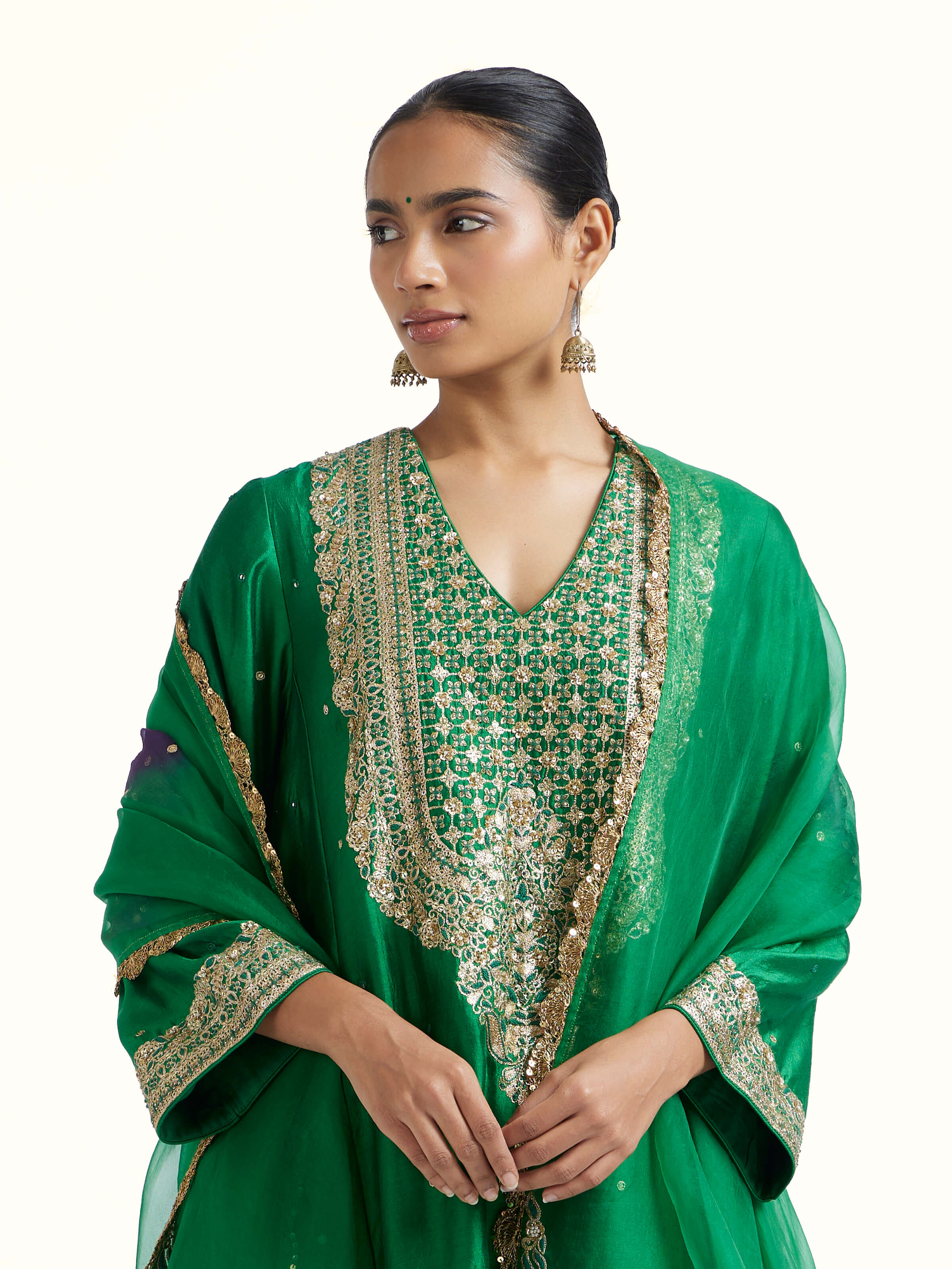 Emerald Green Silk Hand Embroidery Kurta Set