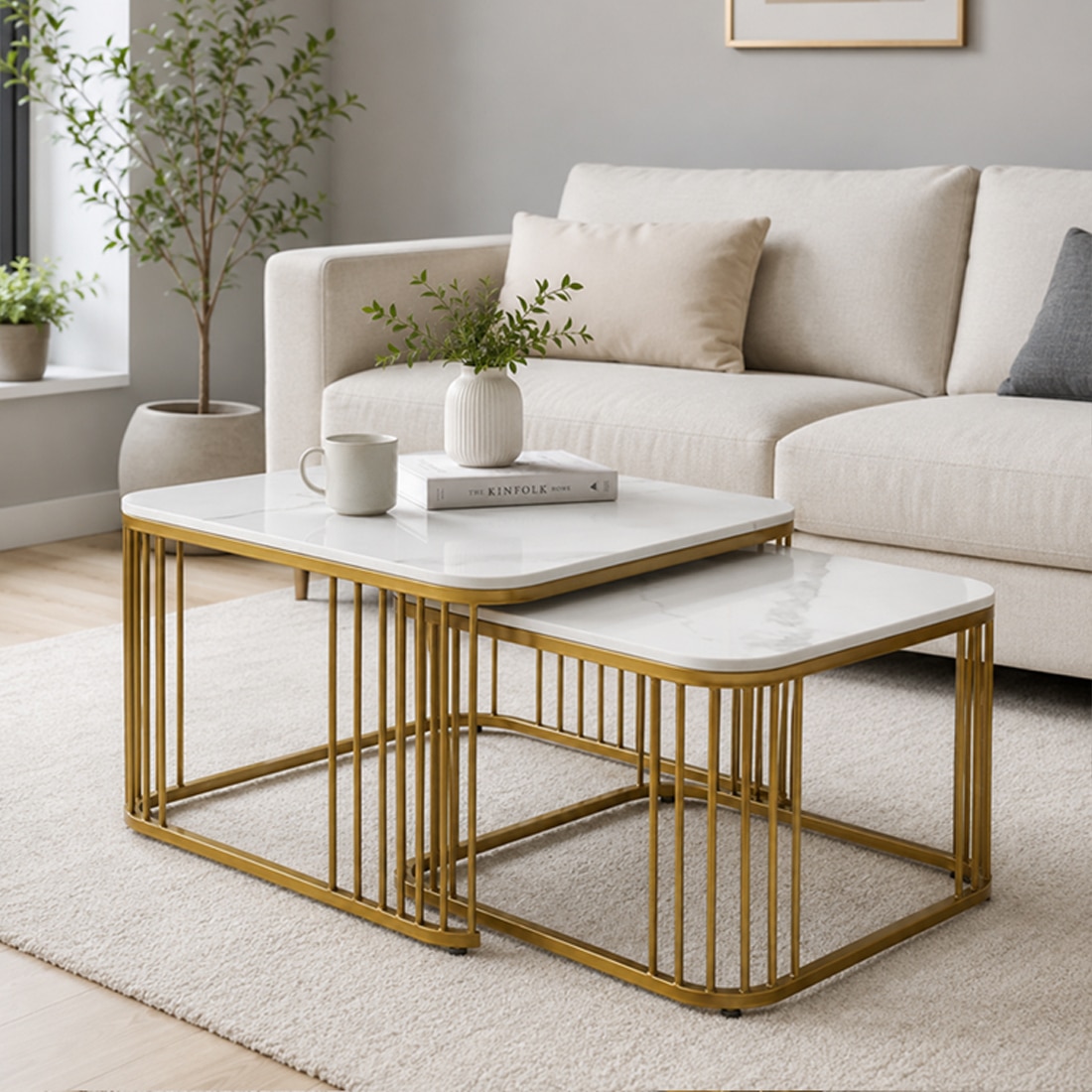 Metlax Square Metal Nesting Coffee Table Set Gold Finish White Porcelain Top Set Of 2 - Bhavya Exports