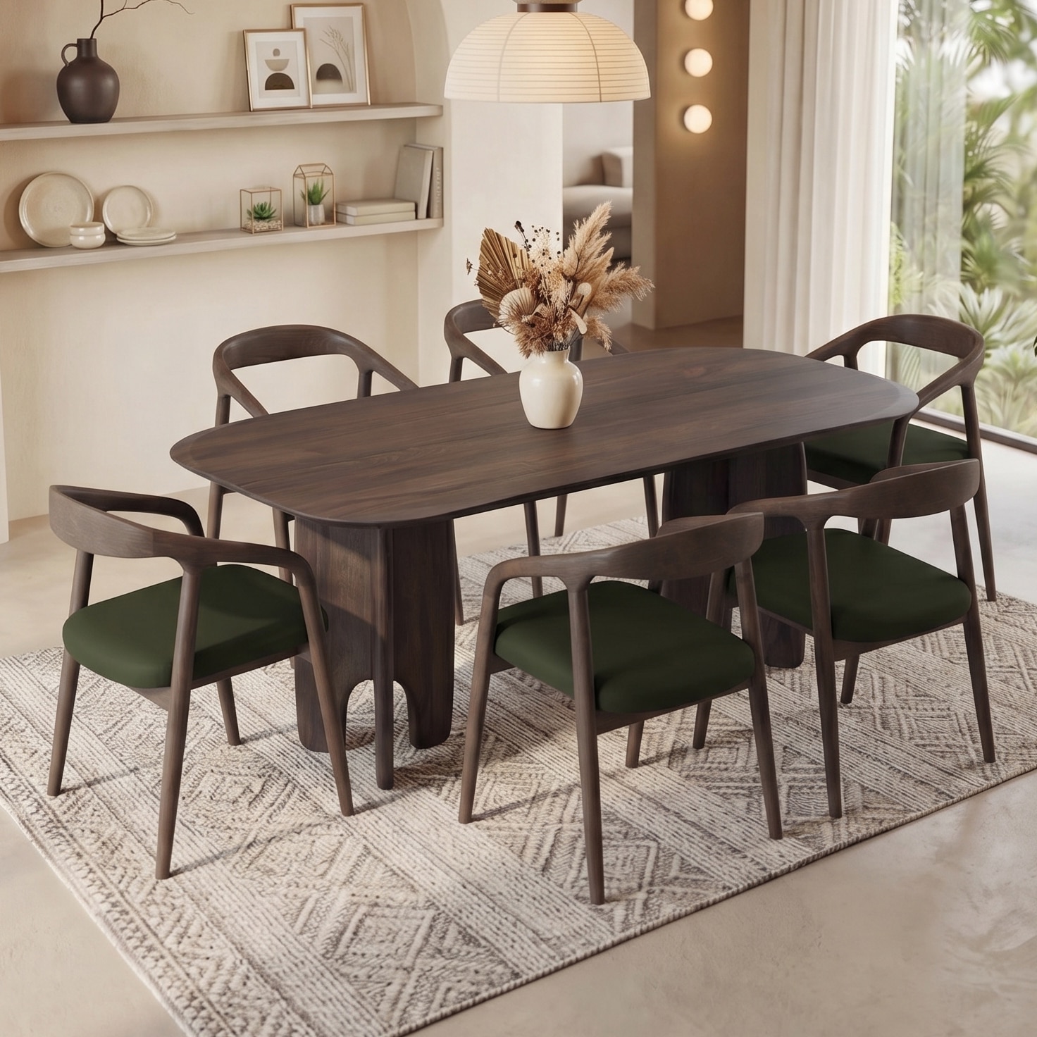 Brava Solid Wood 6 Seater Dining Table with 6 Zen Solid Wood Dining Armchair in (Finish: Danish Walnut, Colour: Olive Leatherette) - Urban Ladder