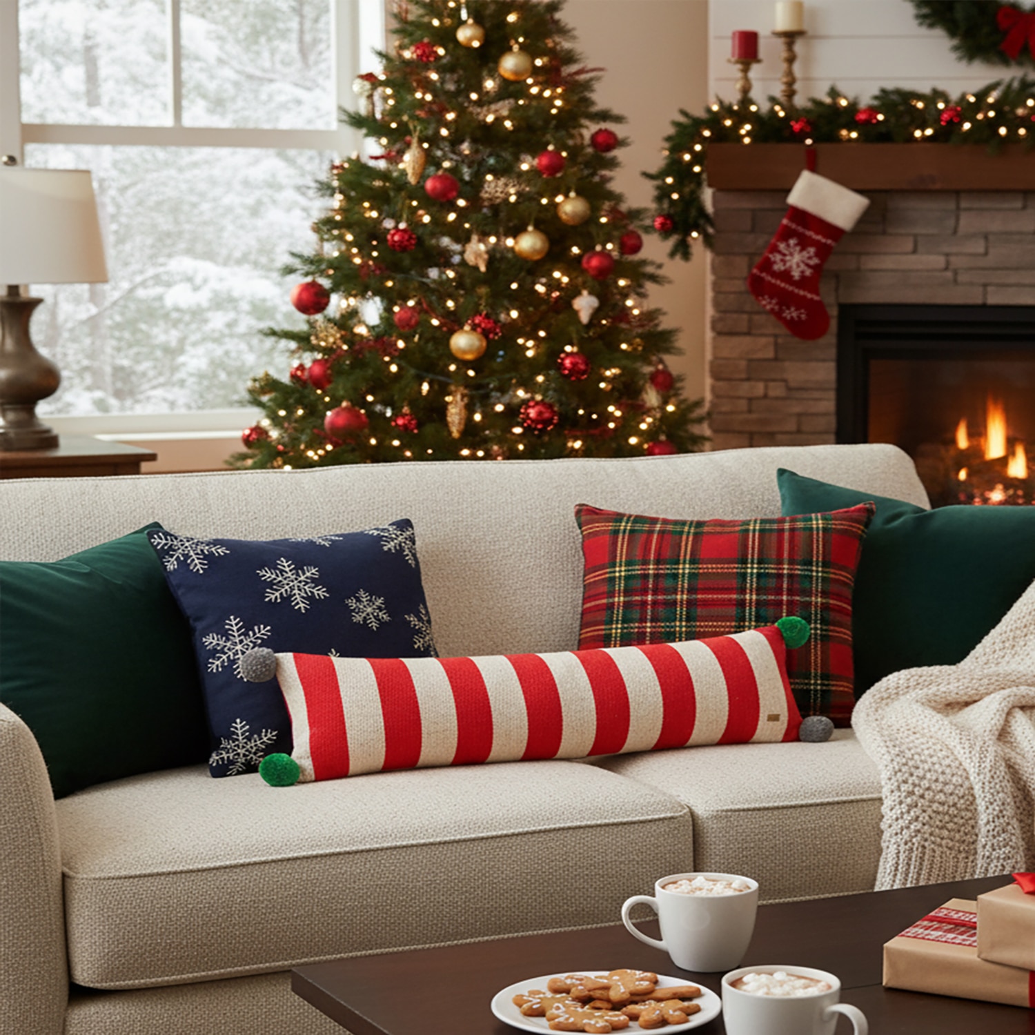 Streaky Knitted Oblong Pillow Cover With Pom Poms  Red Natural 35X7 Inches - Pluchi
