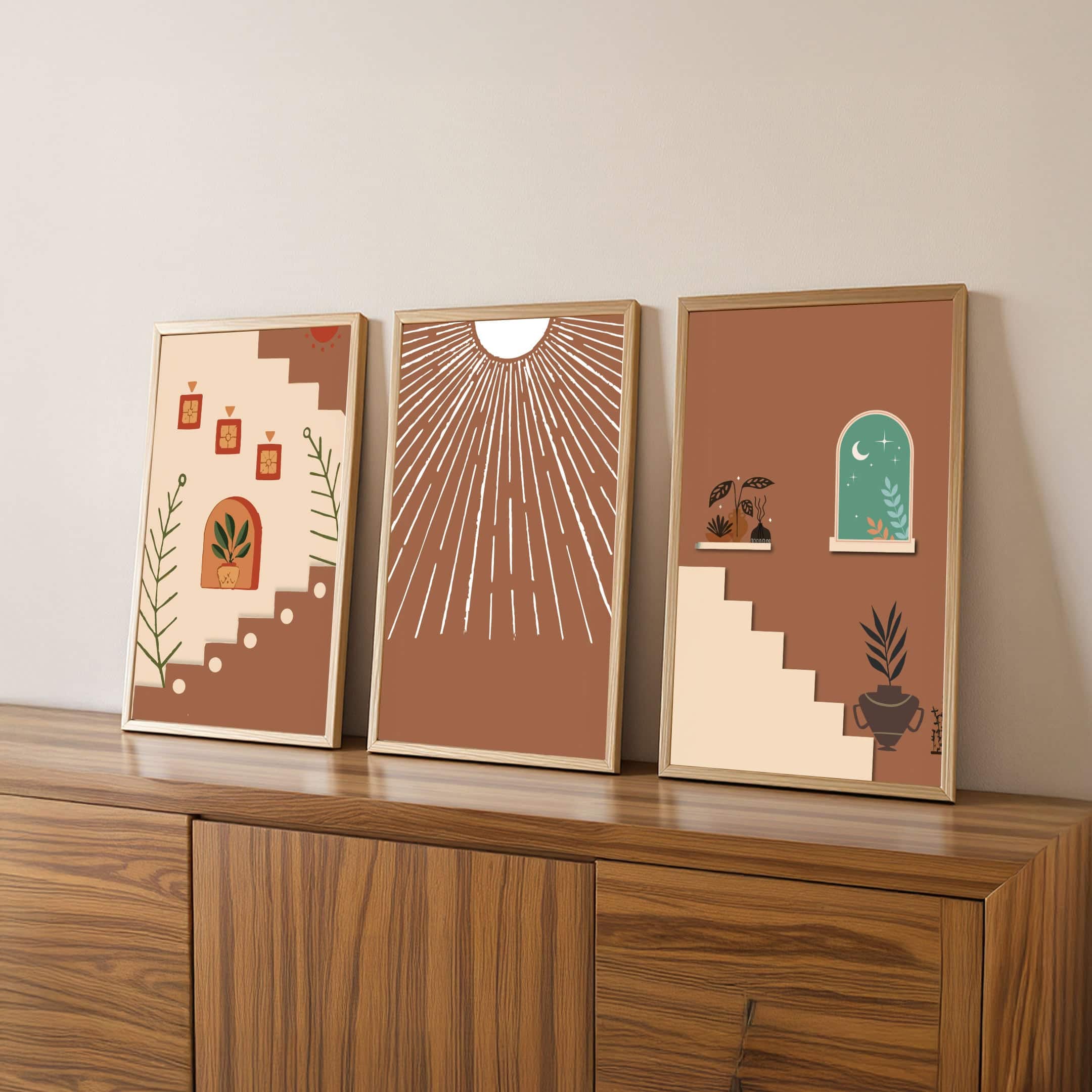 The Castle Decor Boho Abstract Wall Art Set of 3 9x17 Inch - The Castle Decor
