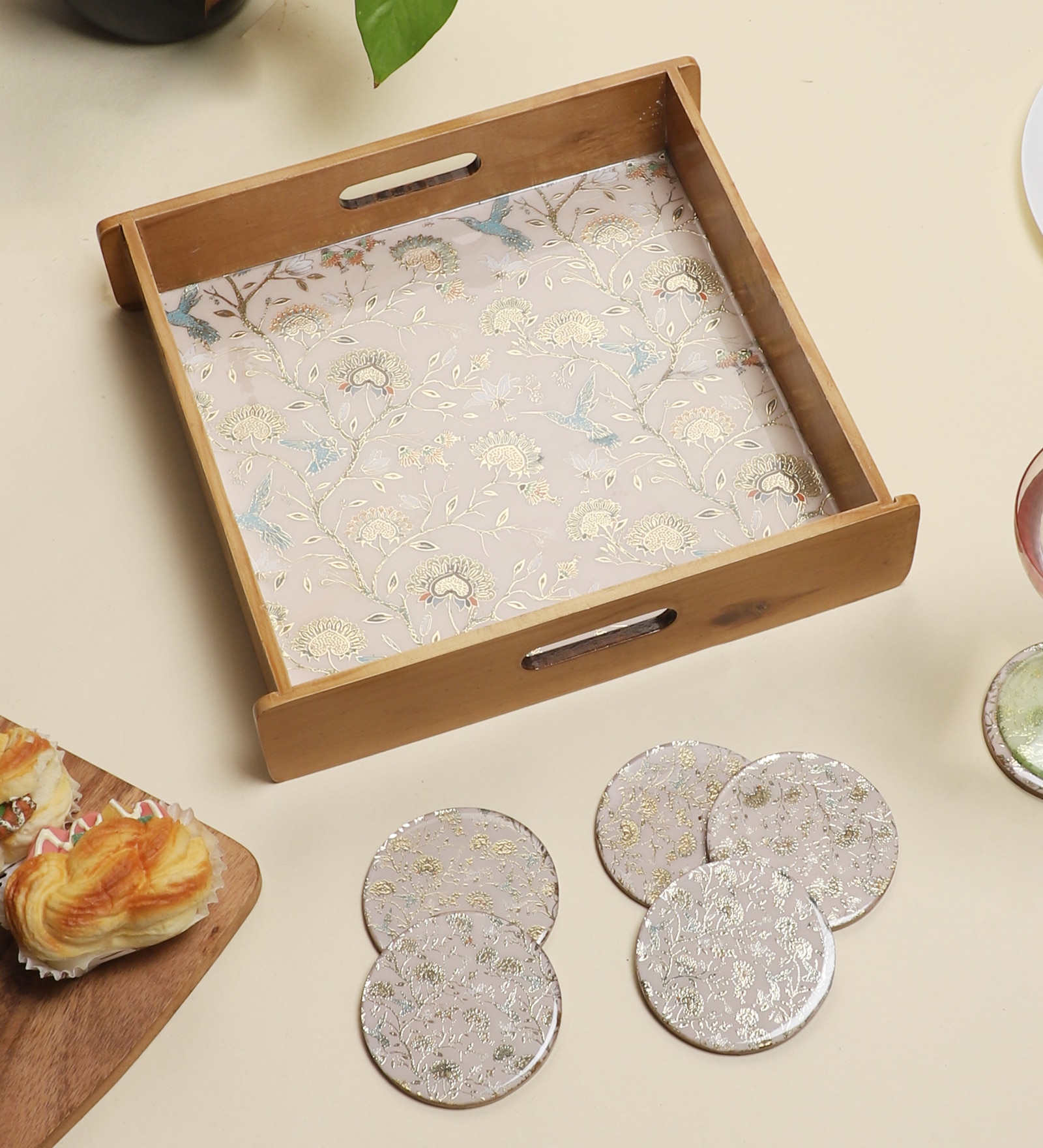 Vintage Charm Wooden Tray & Coaster Set - ShreeJee Creations