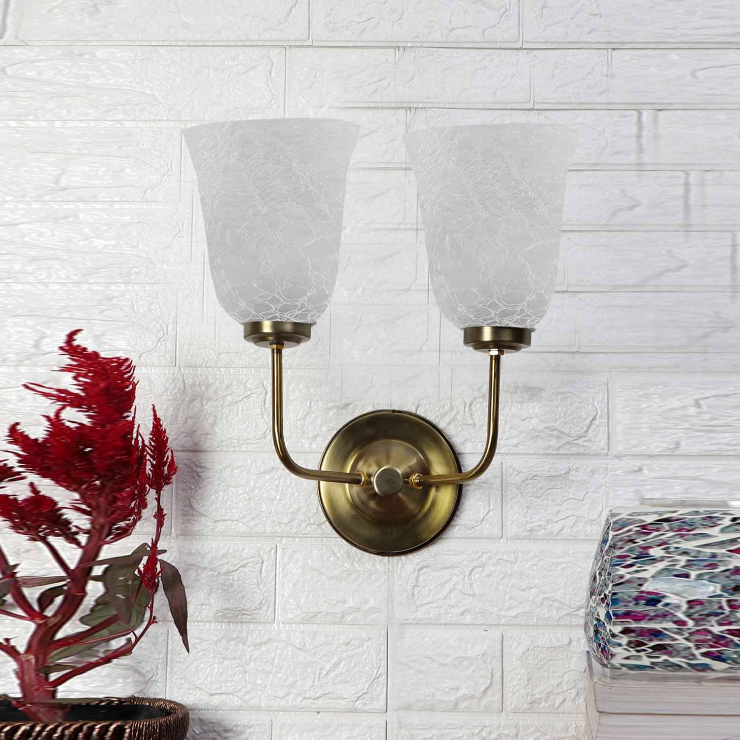 Devansh Metal Electric Wall Light in Gold Colour with White Shade Count of 2 Lights - Devansh