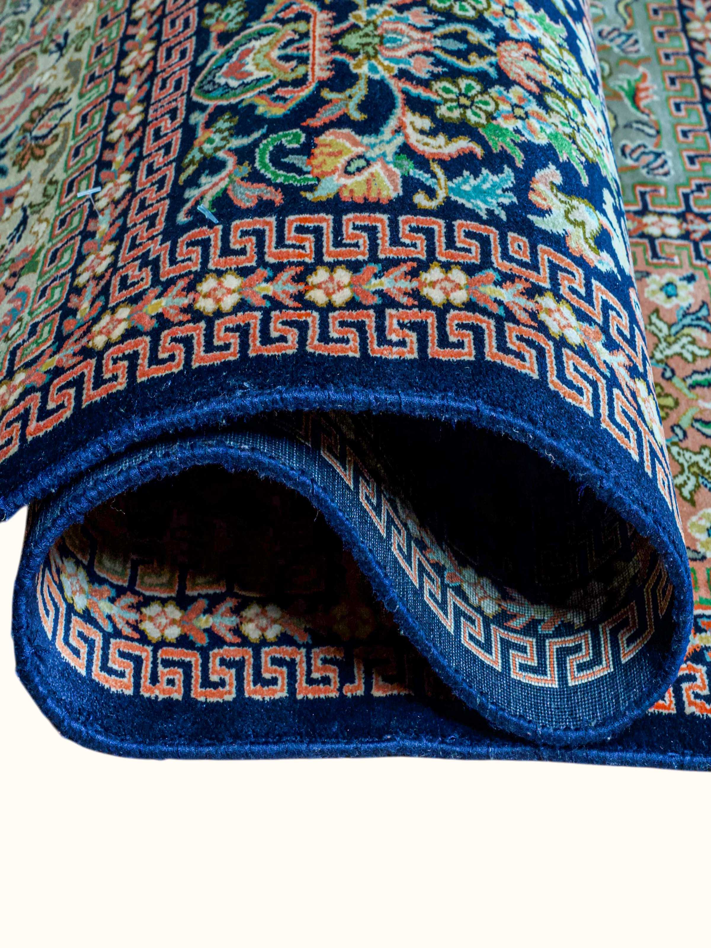 Traditional Persian Blue Green Dabdar Kashmir Silk Hand-Knotted Carpet