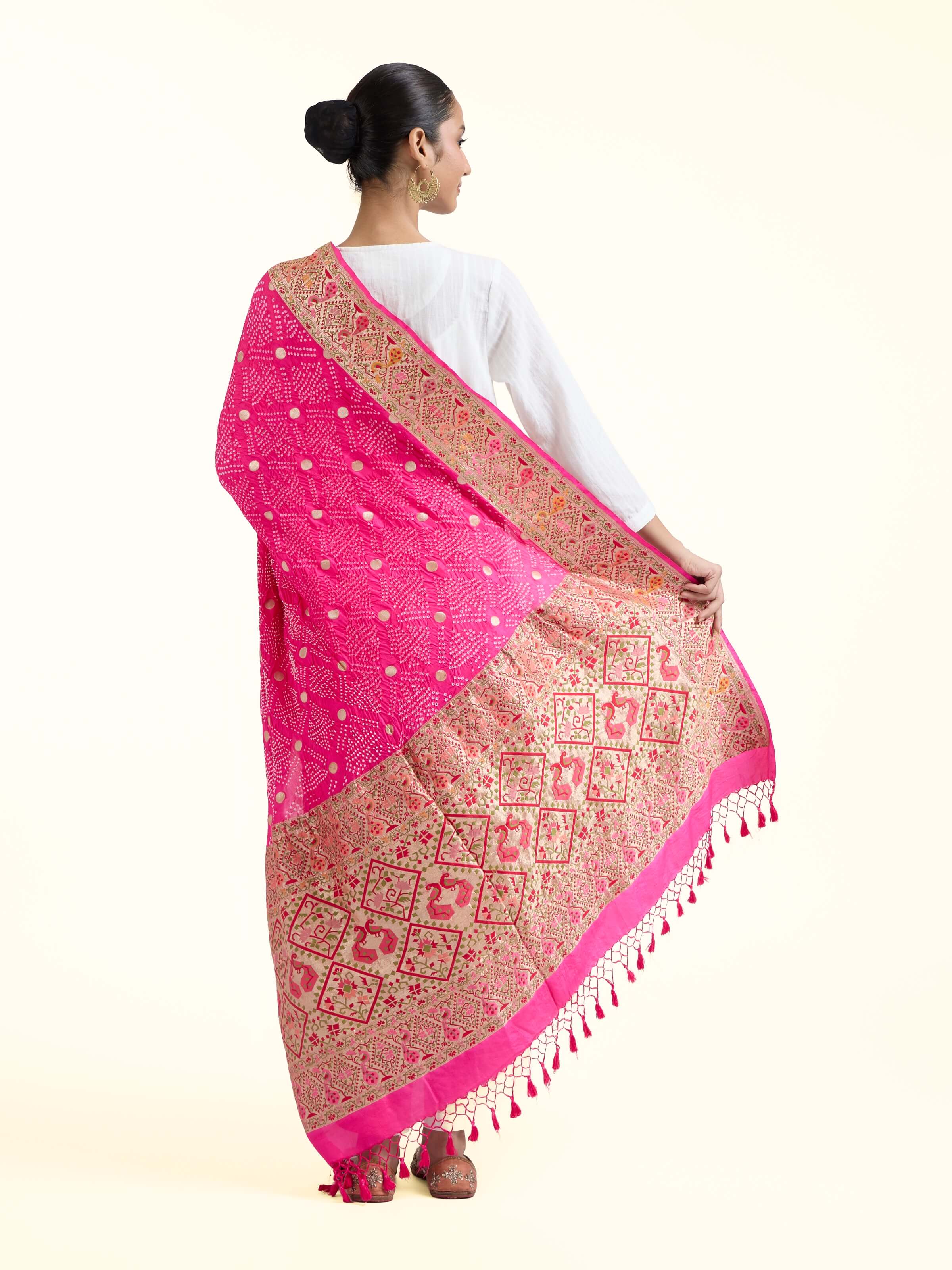 Back view of Dark Pink Bandhani Tie & Dye Silk Dupatta emphasizing the overall design and fine details