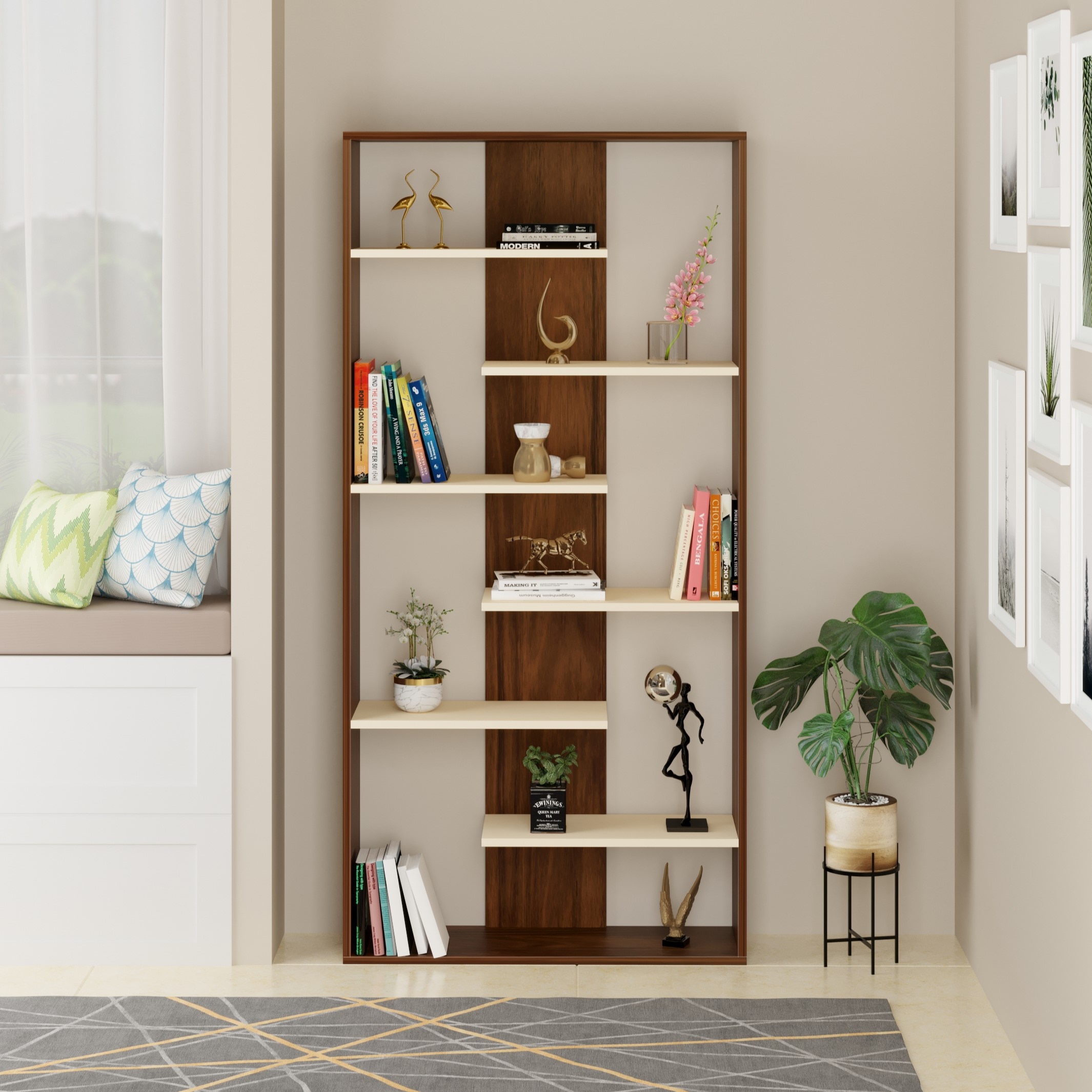 BLUEWUD Maxelle Engineered Wood Bookshelf Cabinet Book Rack Organizer with Shelves for Decor Display, Cabinet Floor Standing for Home Library (Brown Maple & White)