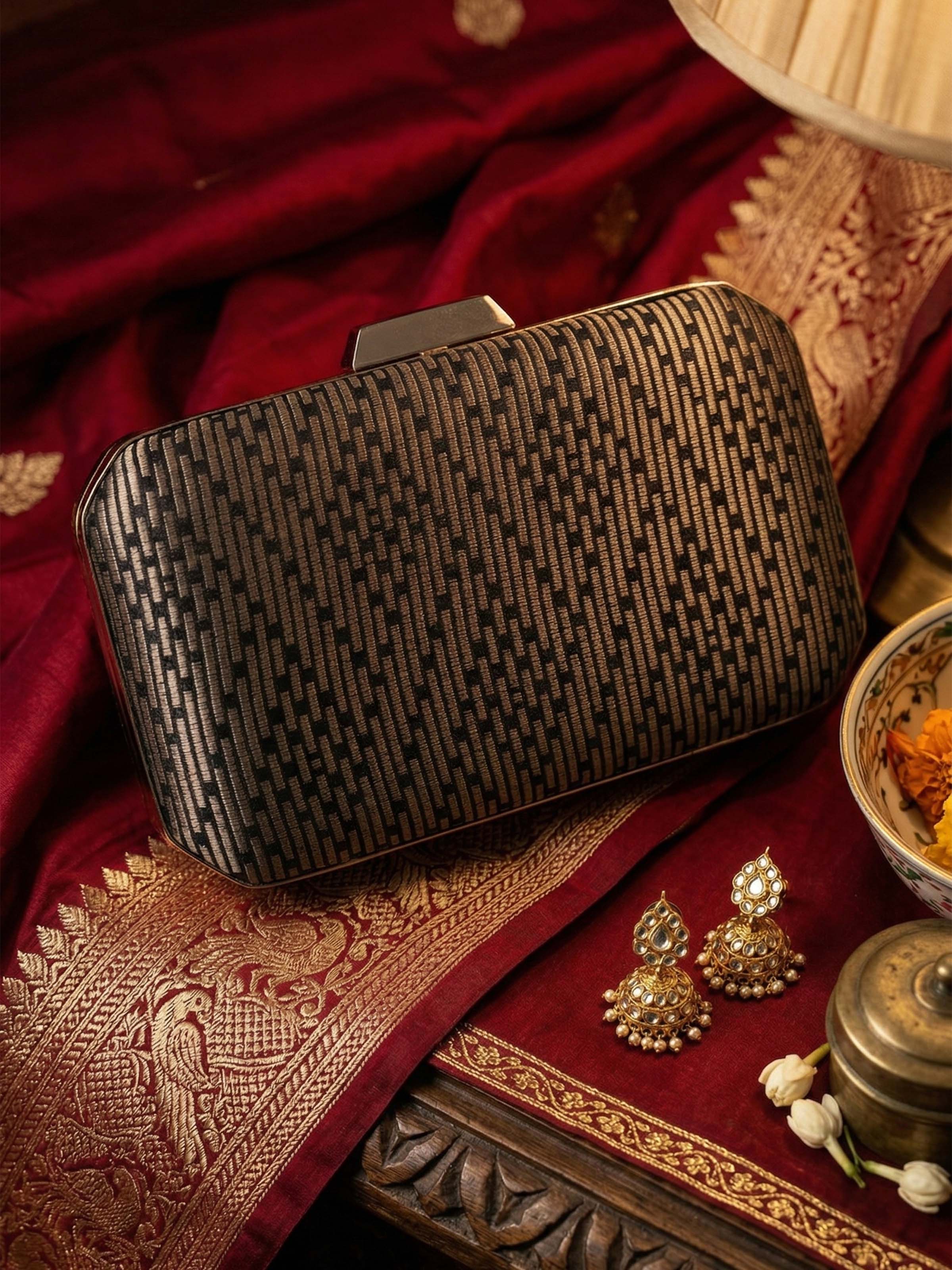 Black Banarasi Silk Box Clutch