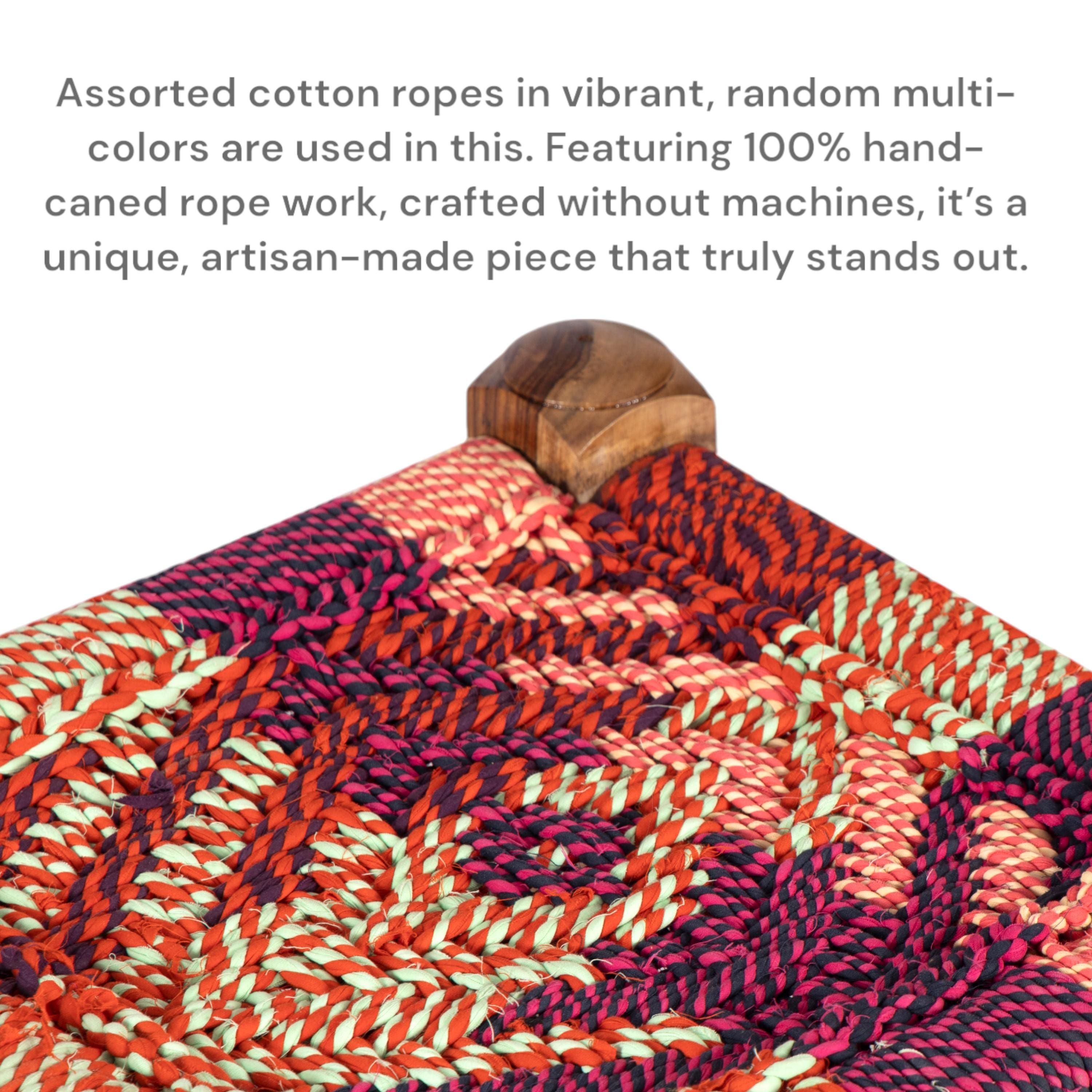 Riaza Sheesham Wood Maachi Stool in Assorted Multi-Colour Chindi Rope Canning