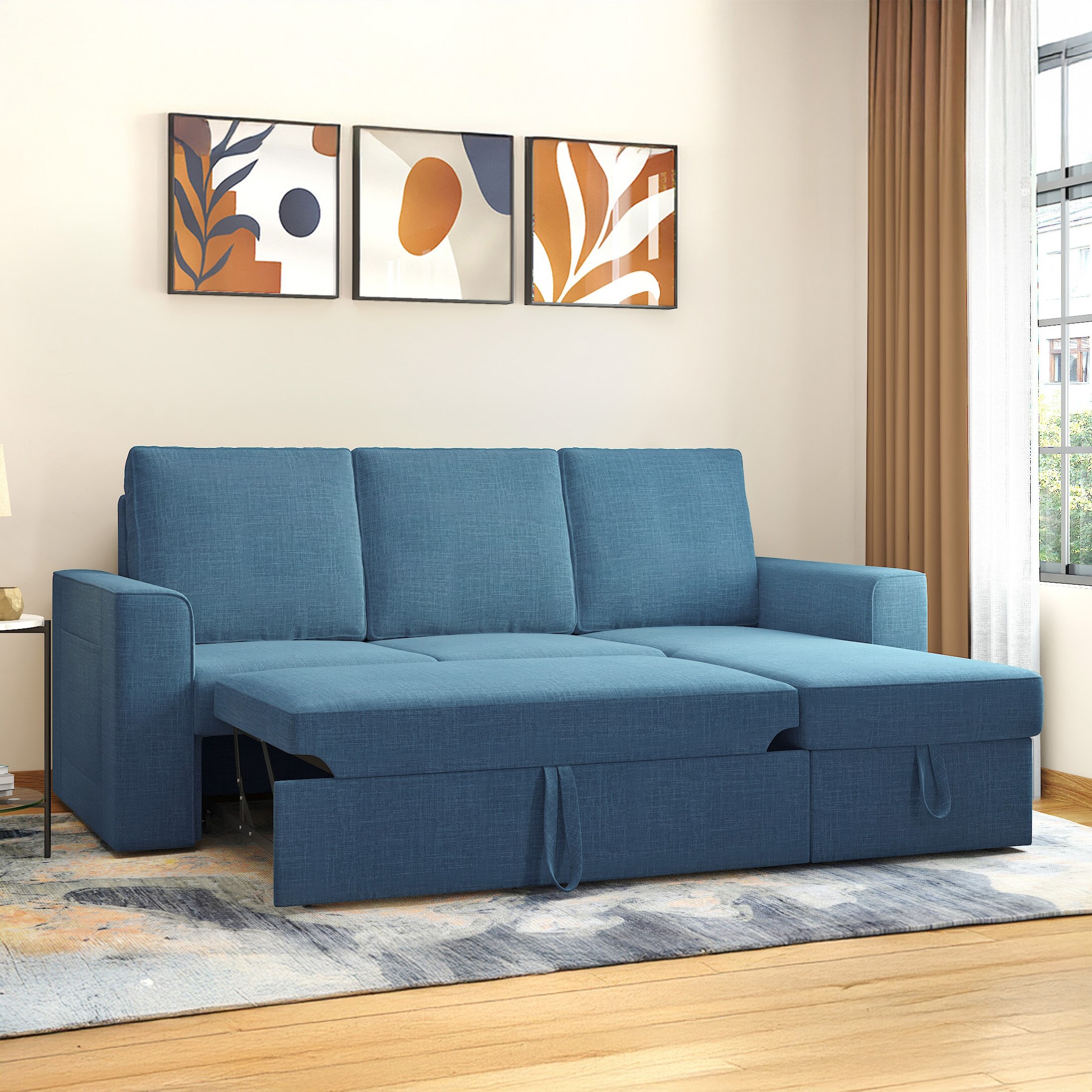 Kowloon Sectional Sofa Cum Bed with Storage in Colonial Blue