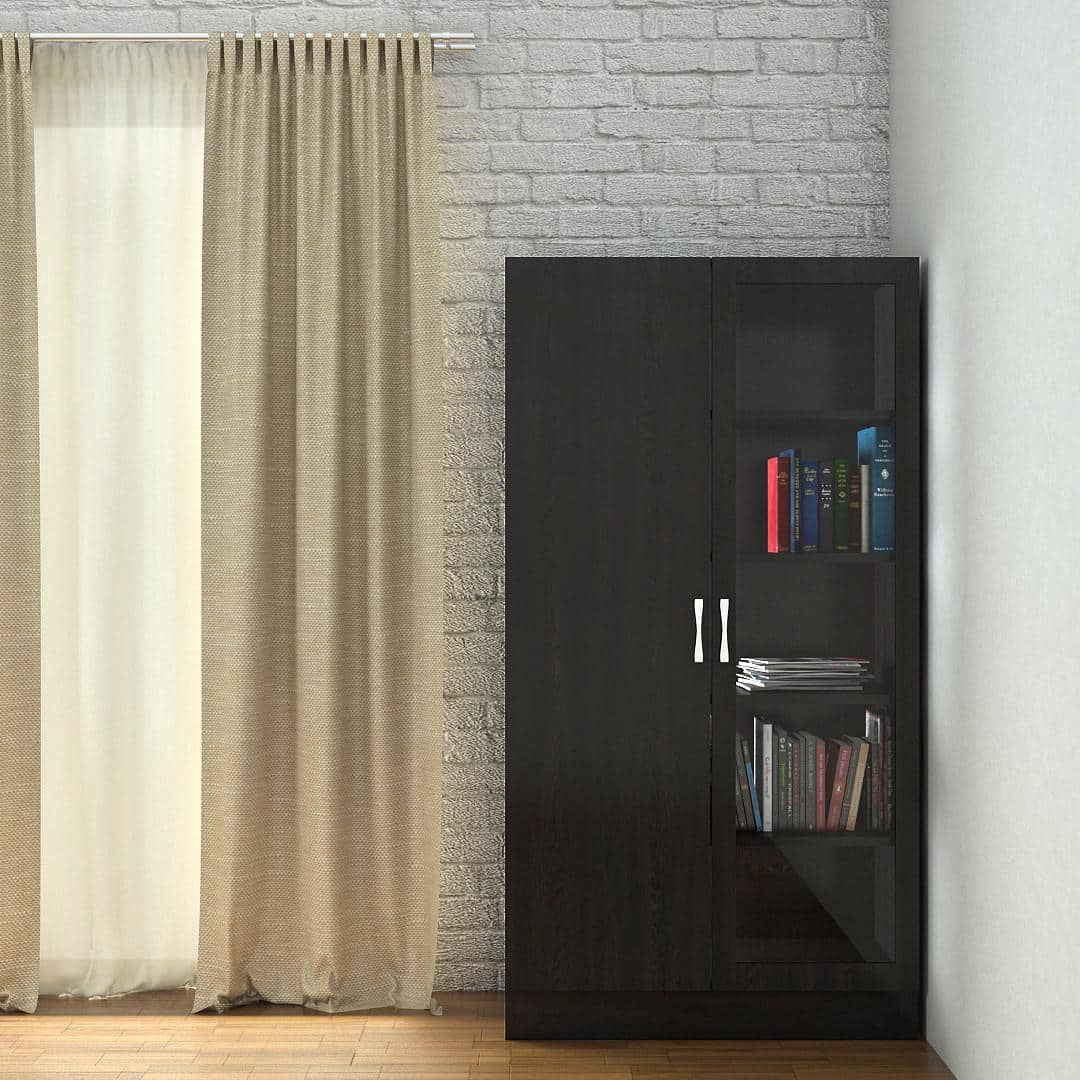 Celestia Double Door Bookshelf cum Crockery Cabinet with Toughened Glass in Antique Ebony Colour