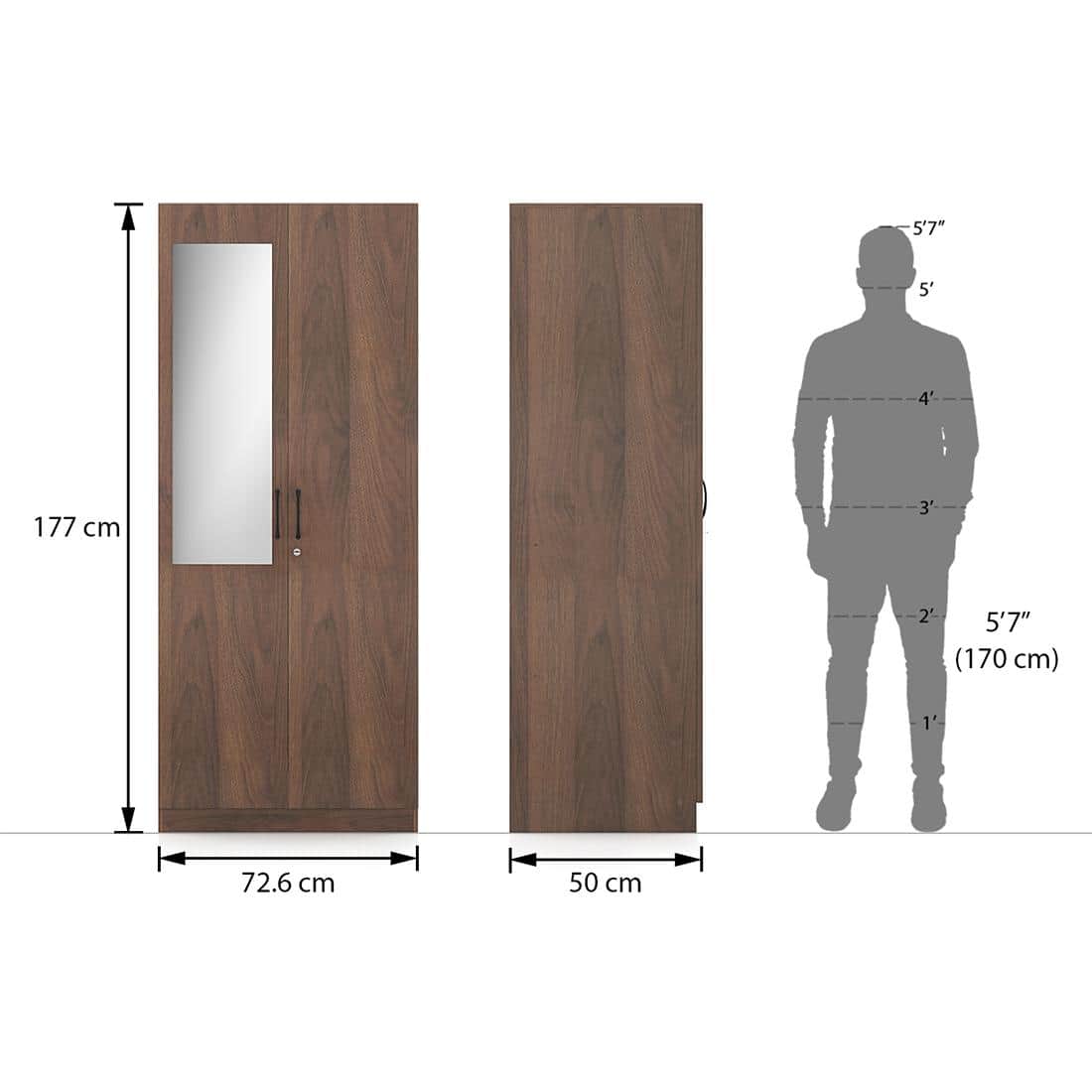 Zoey Engineered Wood 2 Door Wardrobe with Mirror in Classic Walnut Finish