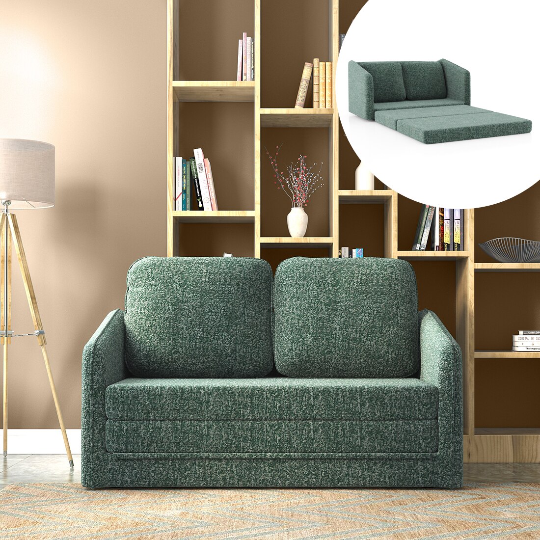 Kobi 2 Seater Fold Out Sofa Cum Bed in Speckled Teal Colour