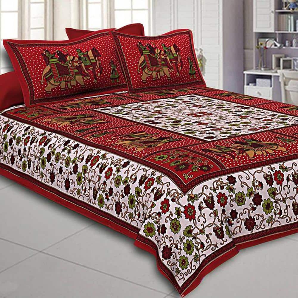 Evann Maroon Abstract 180 TC Cotton Double Size Bedsheet with 2 Pillow Covers