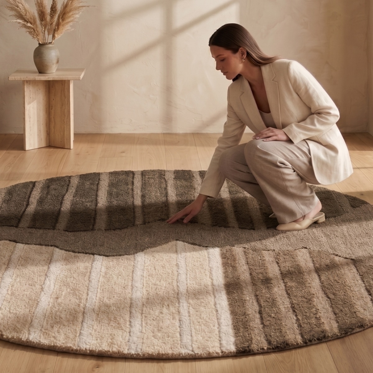 Handmade Round Wool Rug Modern Abstract Brown Beige 6 Feet Carpet - NEU LOOMS