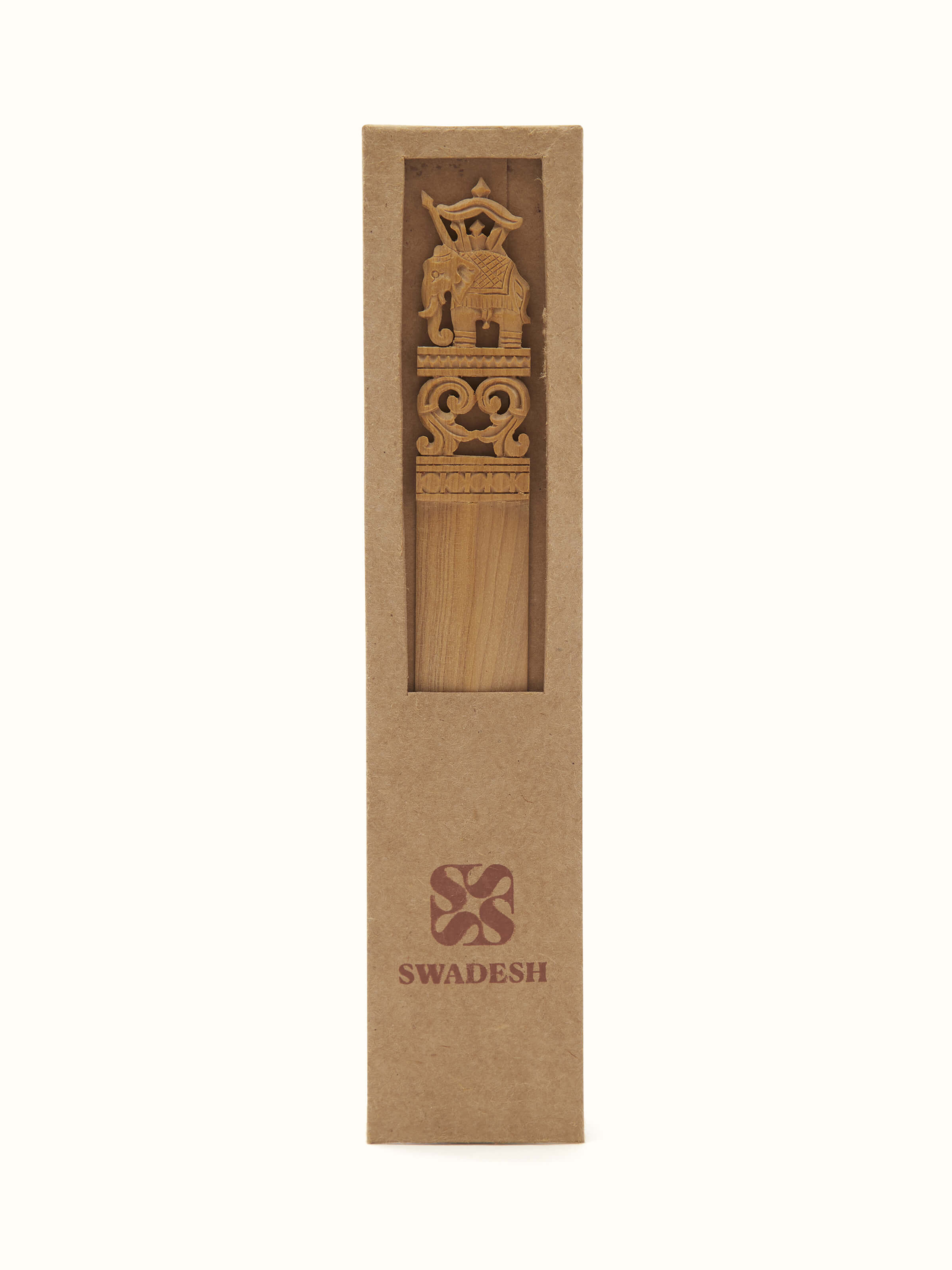 Front view of Carved Sandalwood Paper Cutter from Swadesh showcasing its intricate carvings and fine craftsmanship