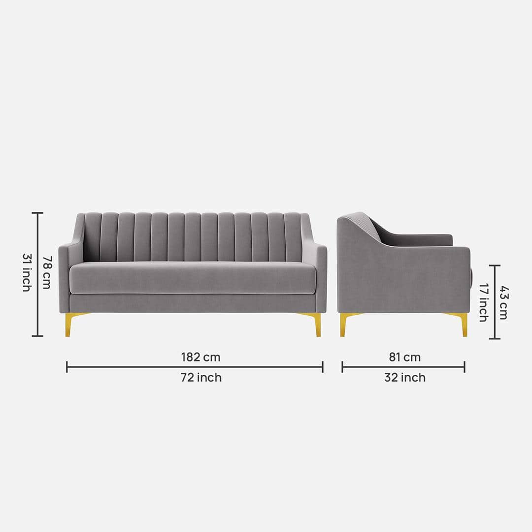 Fame Velvet 3 Seater Sofa in Grey Colour