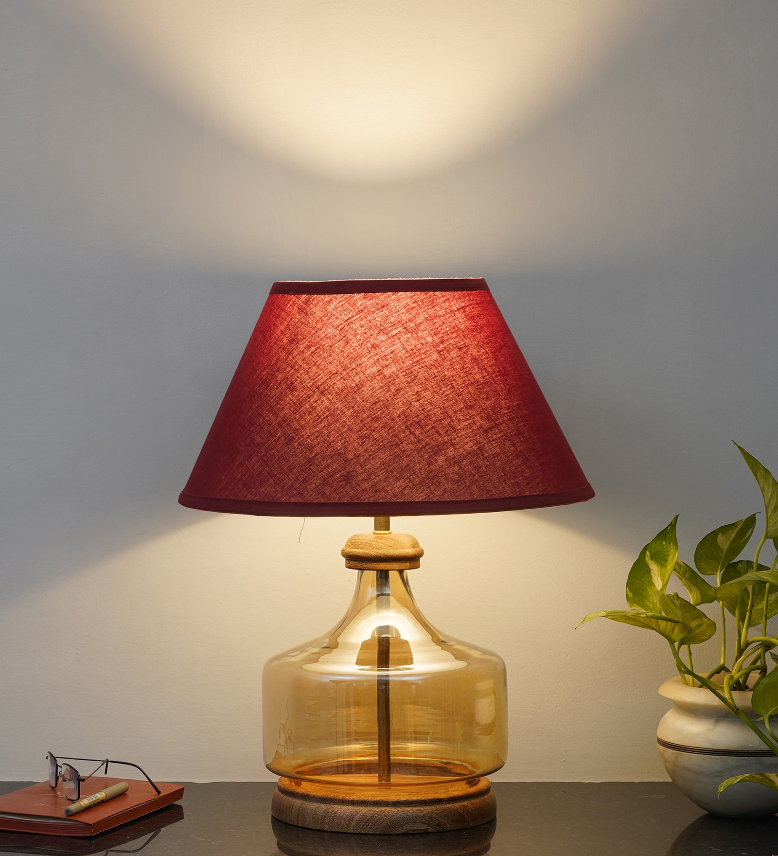 Alexandro Amber Lustere Glass And Wood Table Lamp With Maroon Cotton Shade