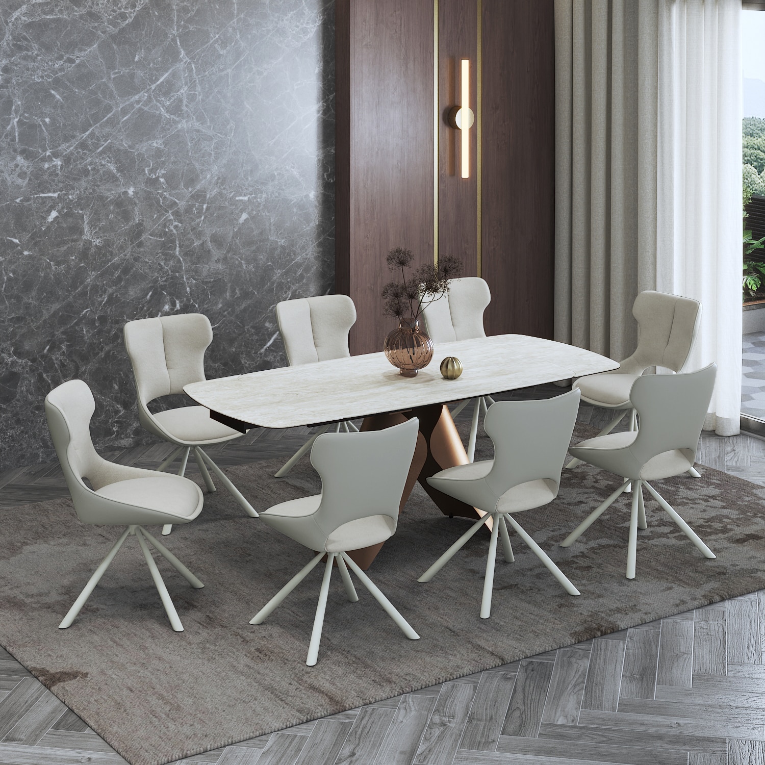 Aeris Ceramic 6 To 8 Seater Extendable Dining Table With 6 Tulip Dining Chairs (Finish : Rome Travertine, Chair Colour : Cream) - Urban Ladder