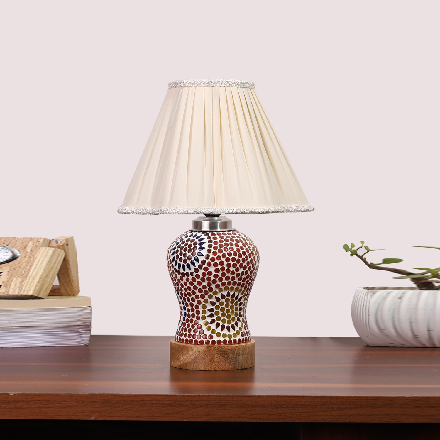 Devansh Off-White Vintage  Cotton Pleated Shade Lamp With Wood & Mosaic Glass Base For Decoration/Office/Home/Gifting/Study For Decoration/Office/Home/Gifting/Study