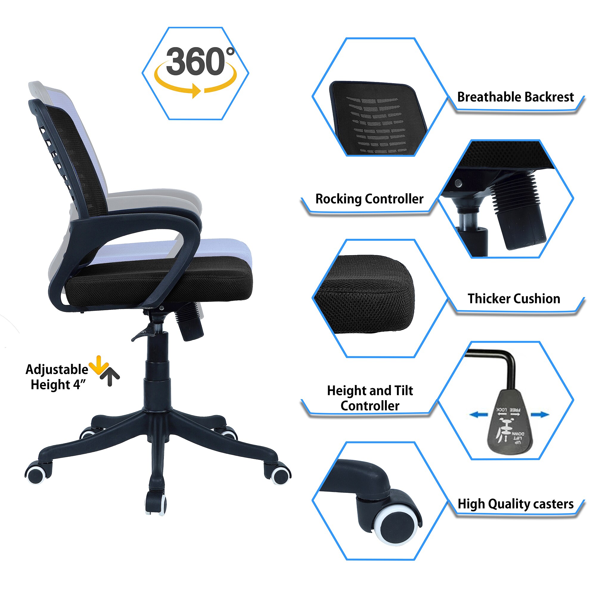 Diicea Mid Back Ergonomic Chair in Black Colour