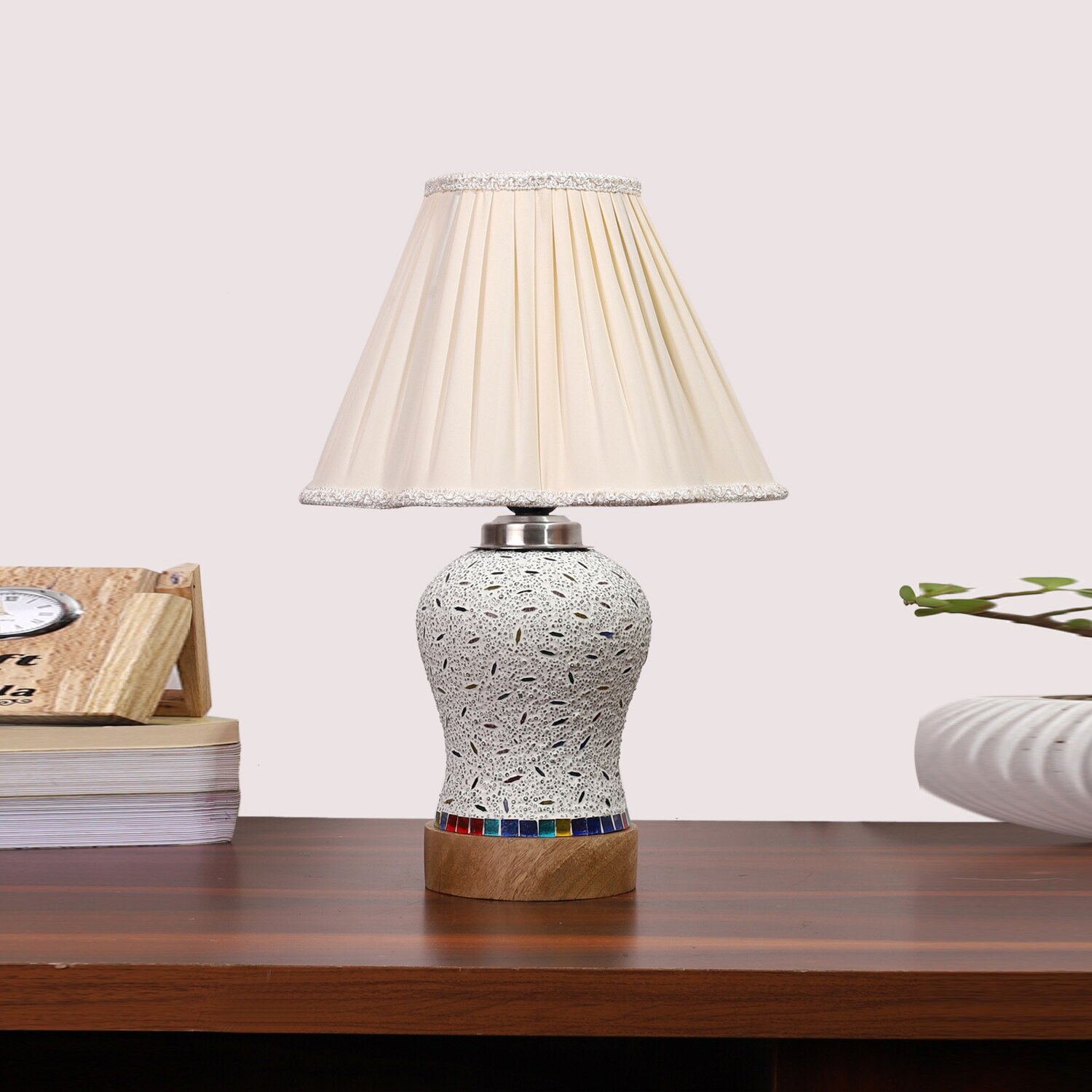 Devansh Off-White Vintage  Cotton Pleated Shade Lamp With Wood & Mosaic Glass Base For Decoration/Office/Home/Gifting/Study For Decoration/Office/Home/Gifting/Study