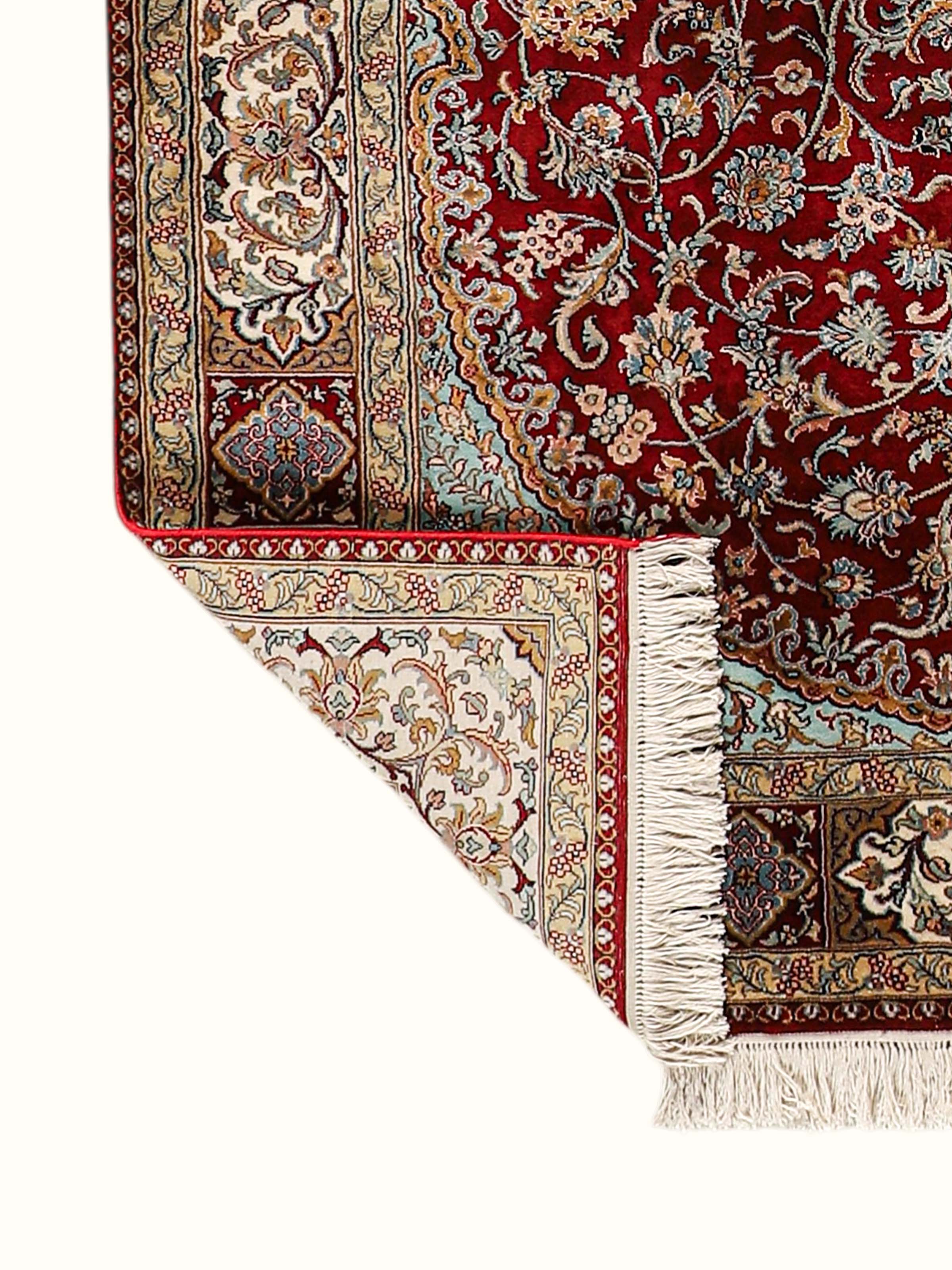 Traditional Persian Red Ivory Kerman Kashmir Silk Hand-Knotted Carpet