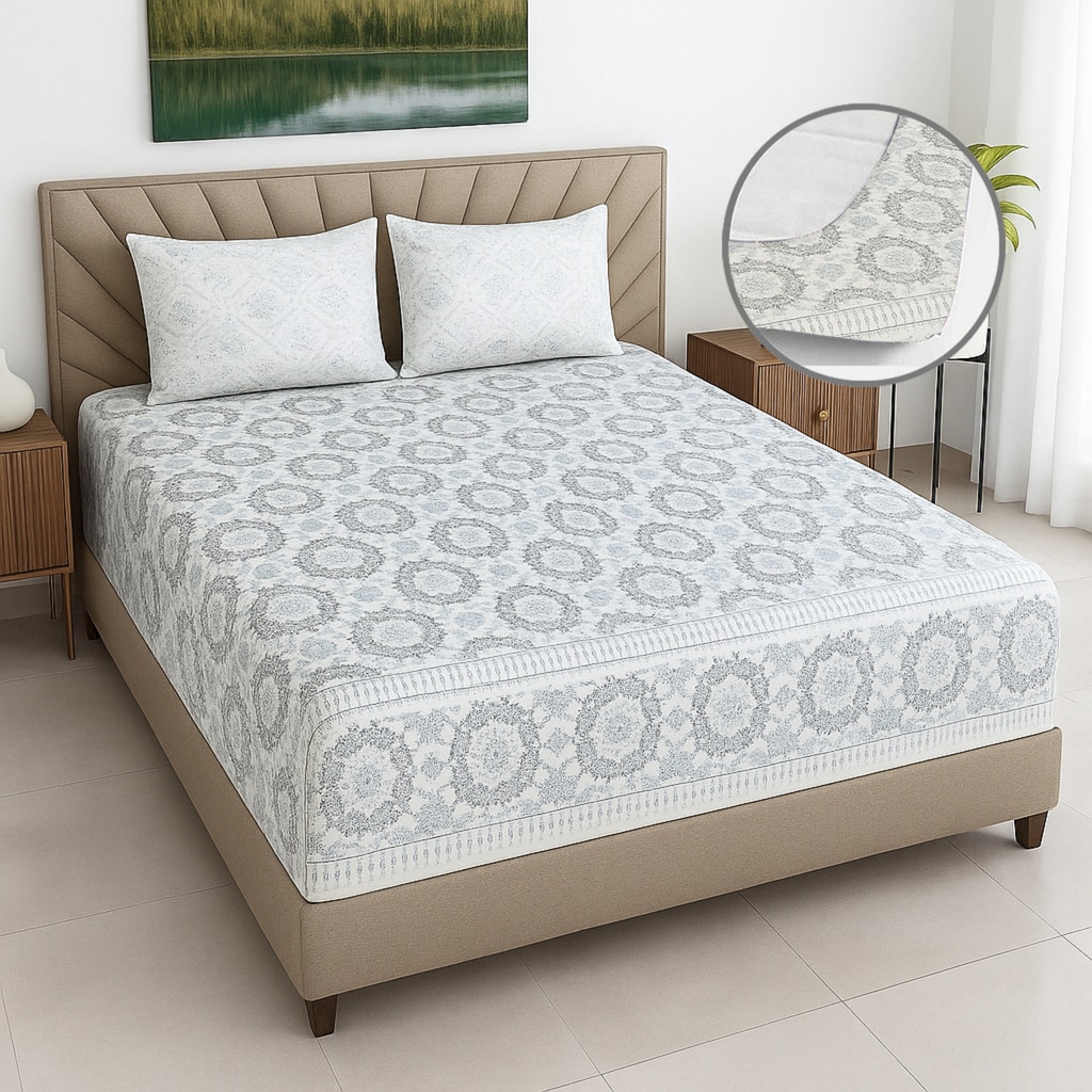 Sky Blue Floral 400 TC Cotton Fitted Queen Bed Size Bedsheet With 2 Pilllow Covers Threads