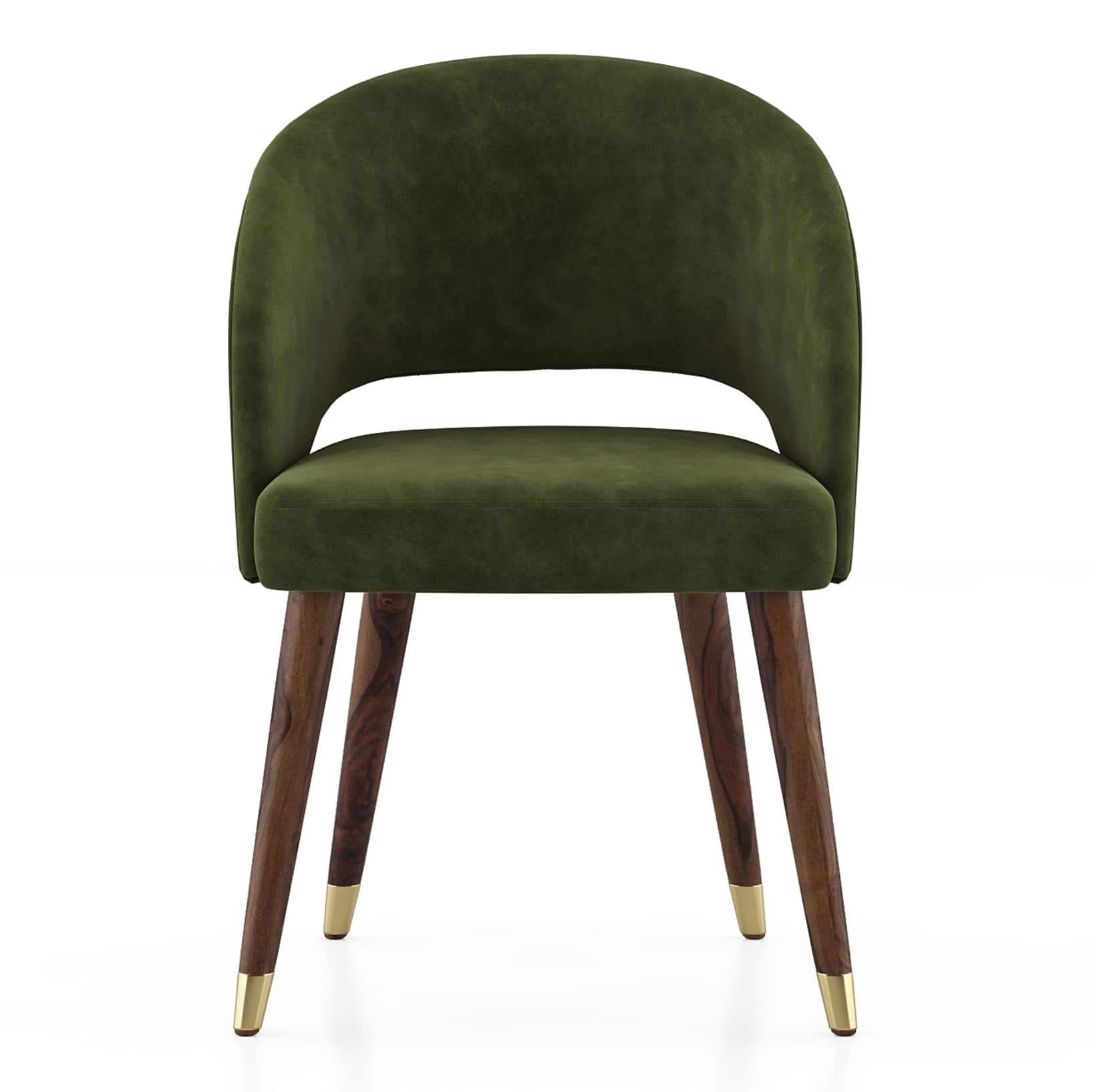 Atlas Crest Solid Wood 6 Seater Dining Table In Honey Finish with 6 Celia Accent Dining Chair in Deep Olive Velvet Fabric in Dark Teak Finish