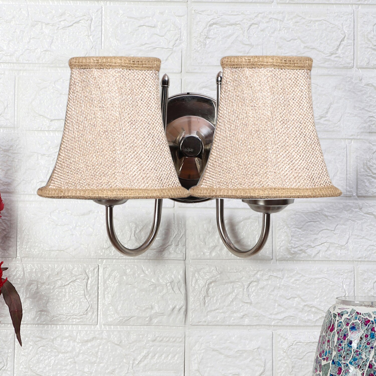 Devansh Dual Steel Metal  Wallmounted Lamp With Beige Jute  Shade