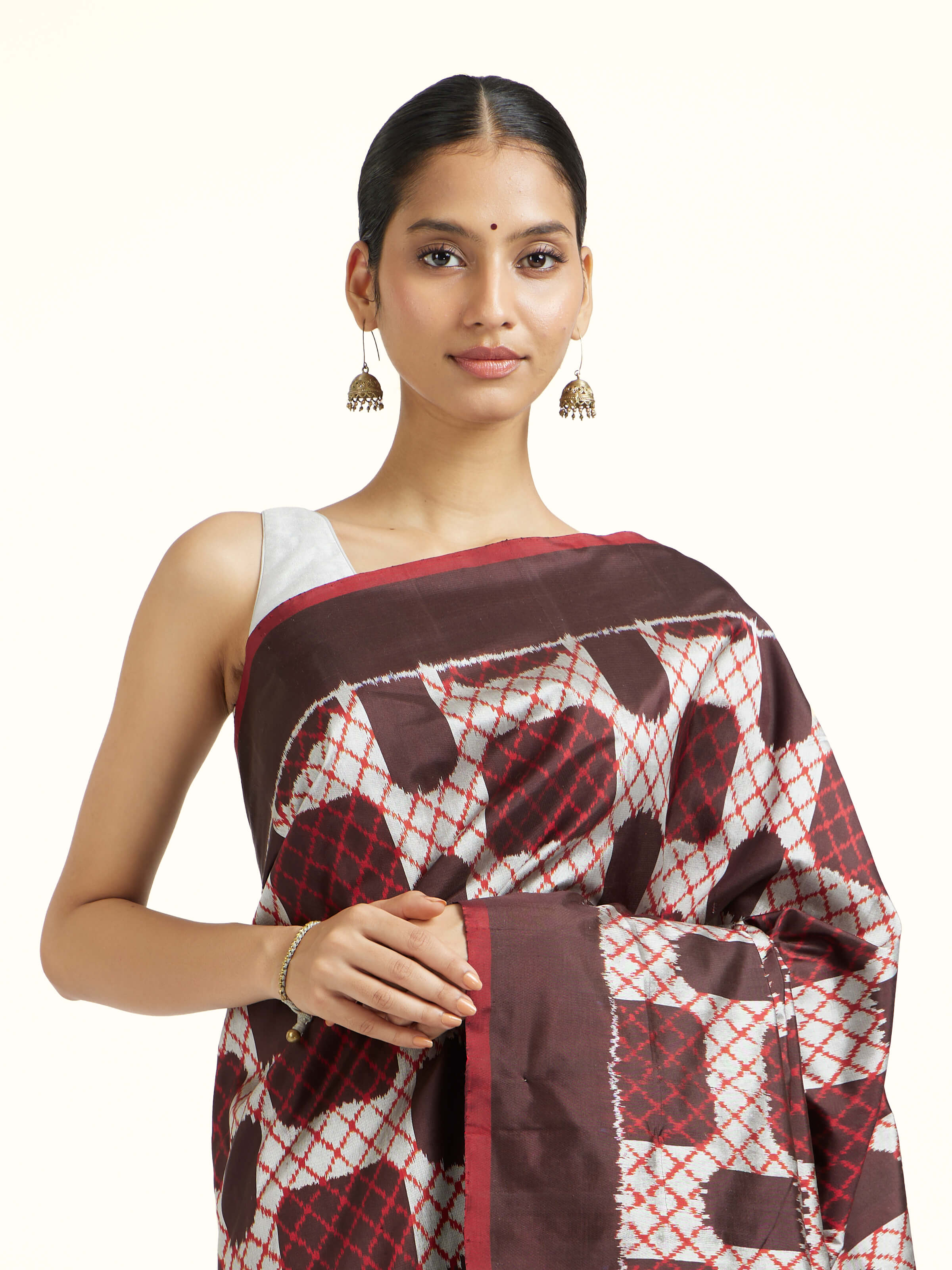 Dark Brown Silk Pochampally Single Ikat Saree