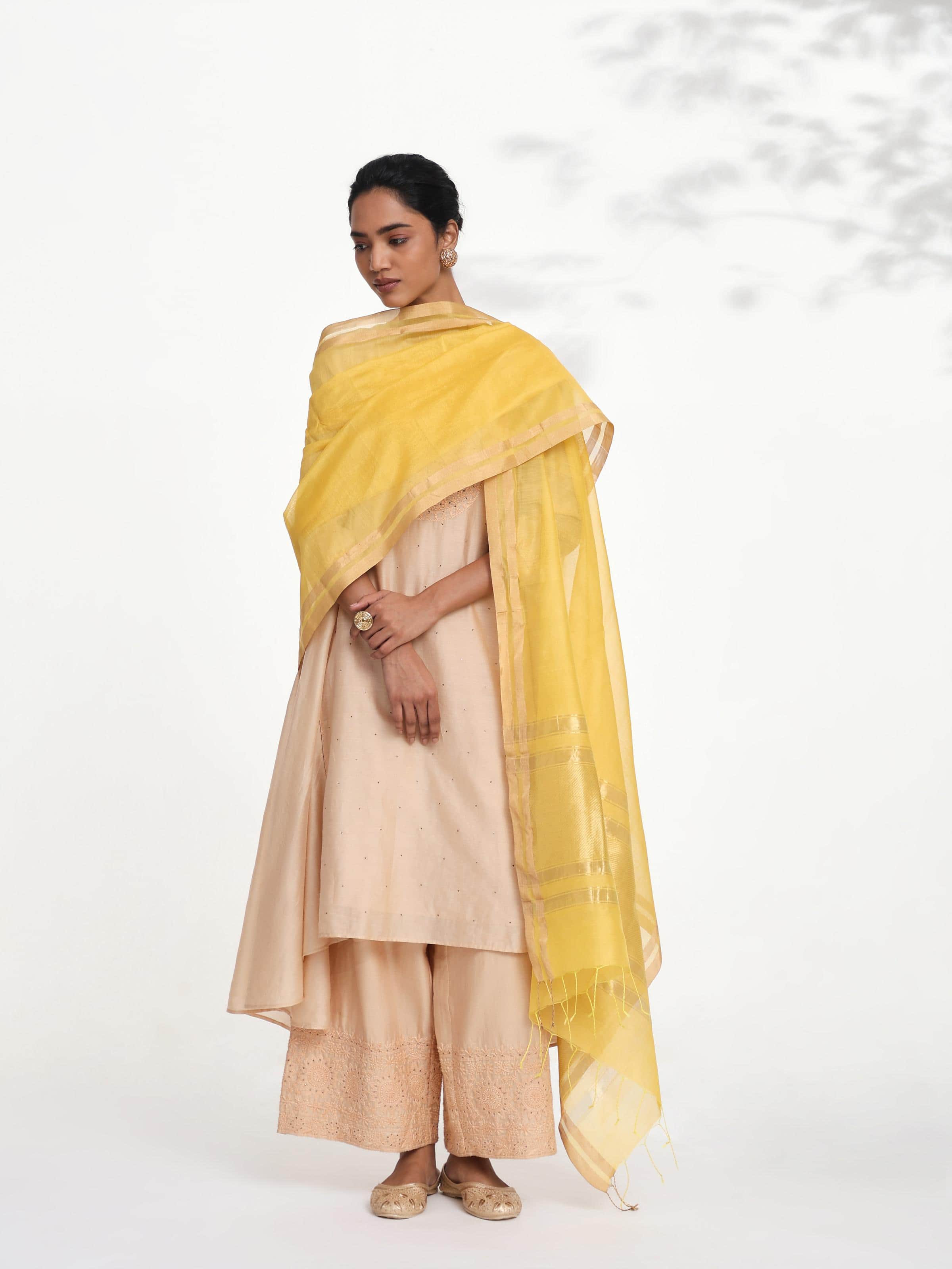 Yellow Chanderi dupatta in cotton silk with zari detailing - lifestyle image