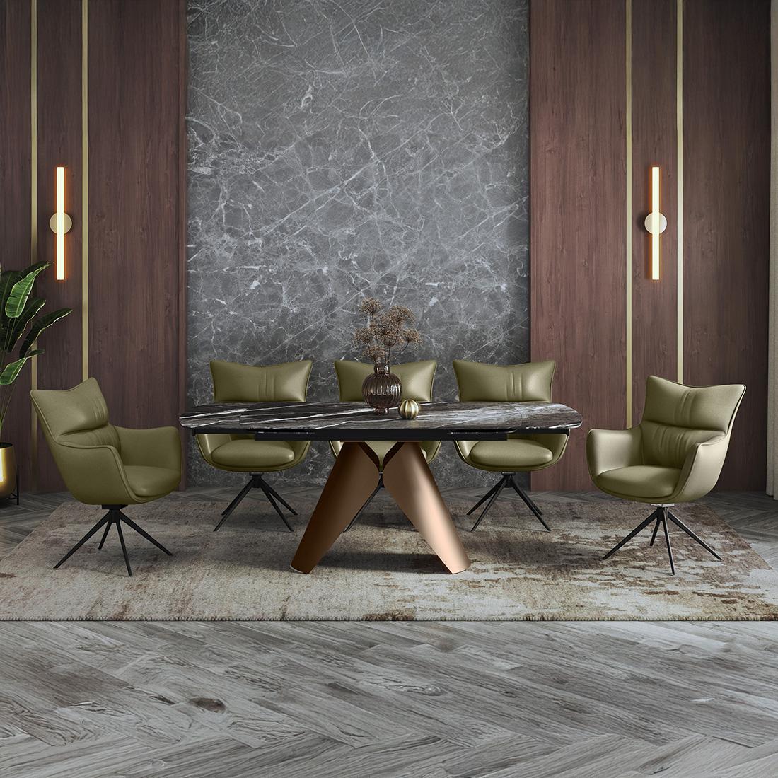 Aeris Ceramic 6 to 8 Seater Extendable Dining Table in Black Jade With Beck Dining Chair in Olive Leatherrete Fabric