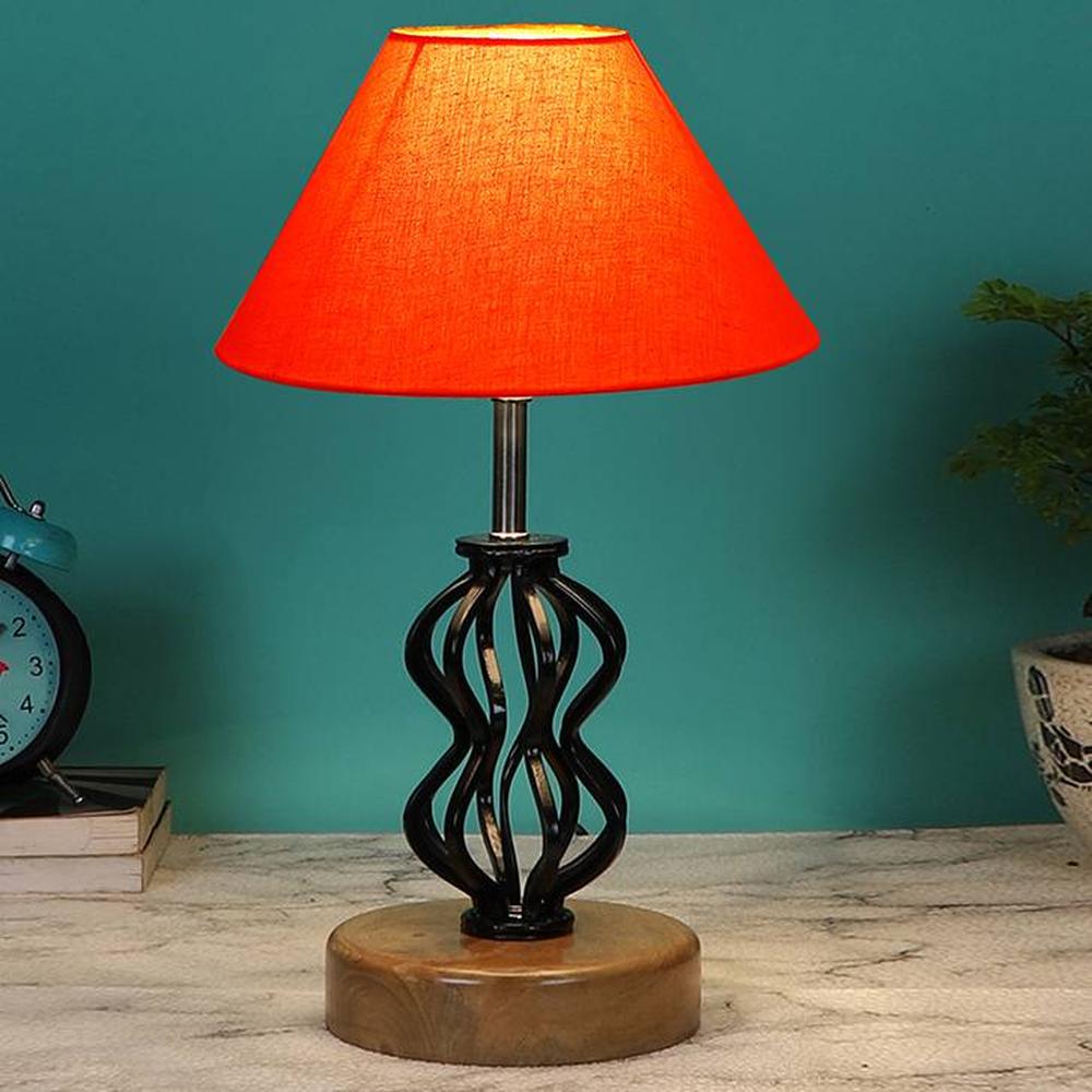 Evie Orange cotton Table lamp with Wood & Iron Base