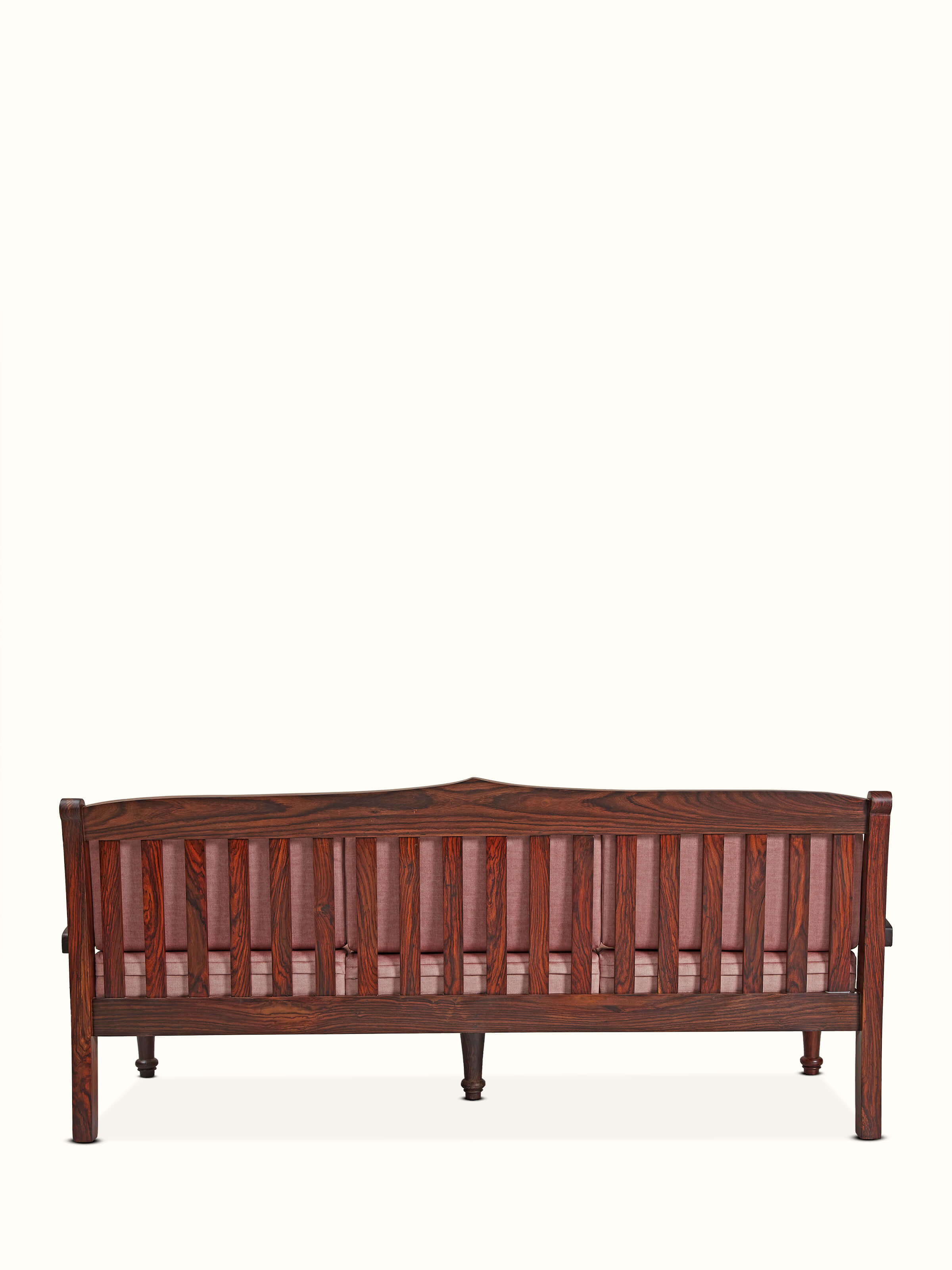 Overall view of the upholstered Mysore Rosewood inlaid 3-seater sofa, showcasing its luxurious finish and detailed design.