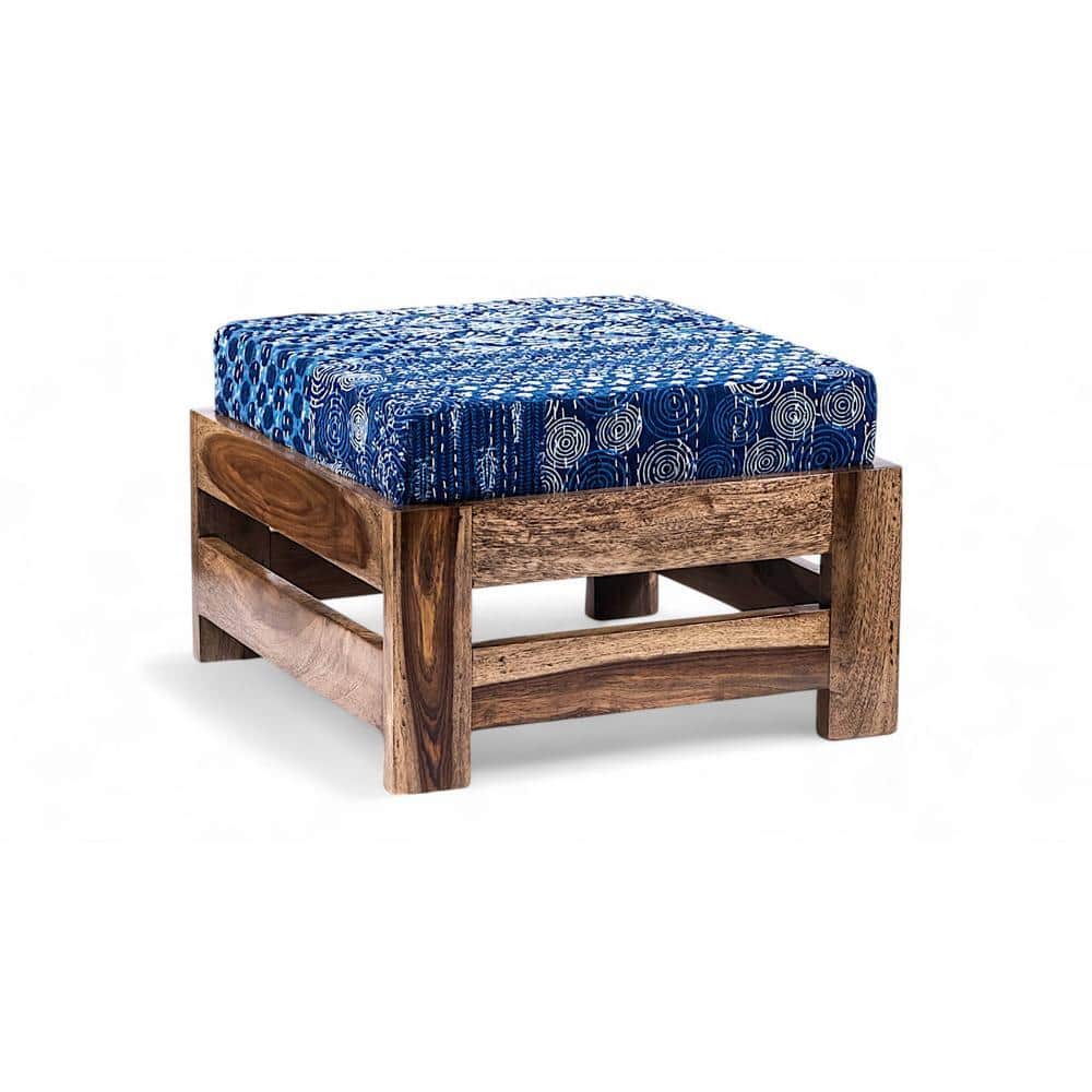 Amber Rosewood Foot Stool with Indigo Patch Kantha Cushion