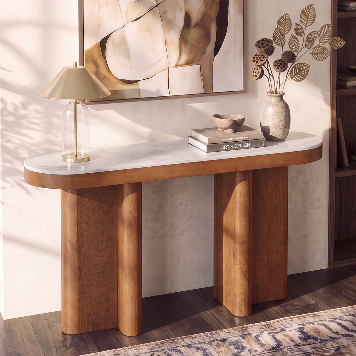 Vela Solid Wood and Banswara Console Table In Amber Walnut Finish