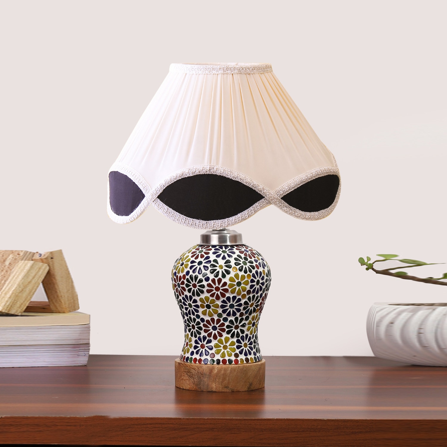 Devansh Multi Vintage Cotton Pleated Shade Lamp With Wood & Mosaic Glass Base For Decoration/Office/Home/Gifting/Study For Decoration/Office/Home/Gifting/Study