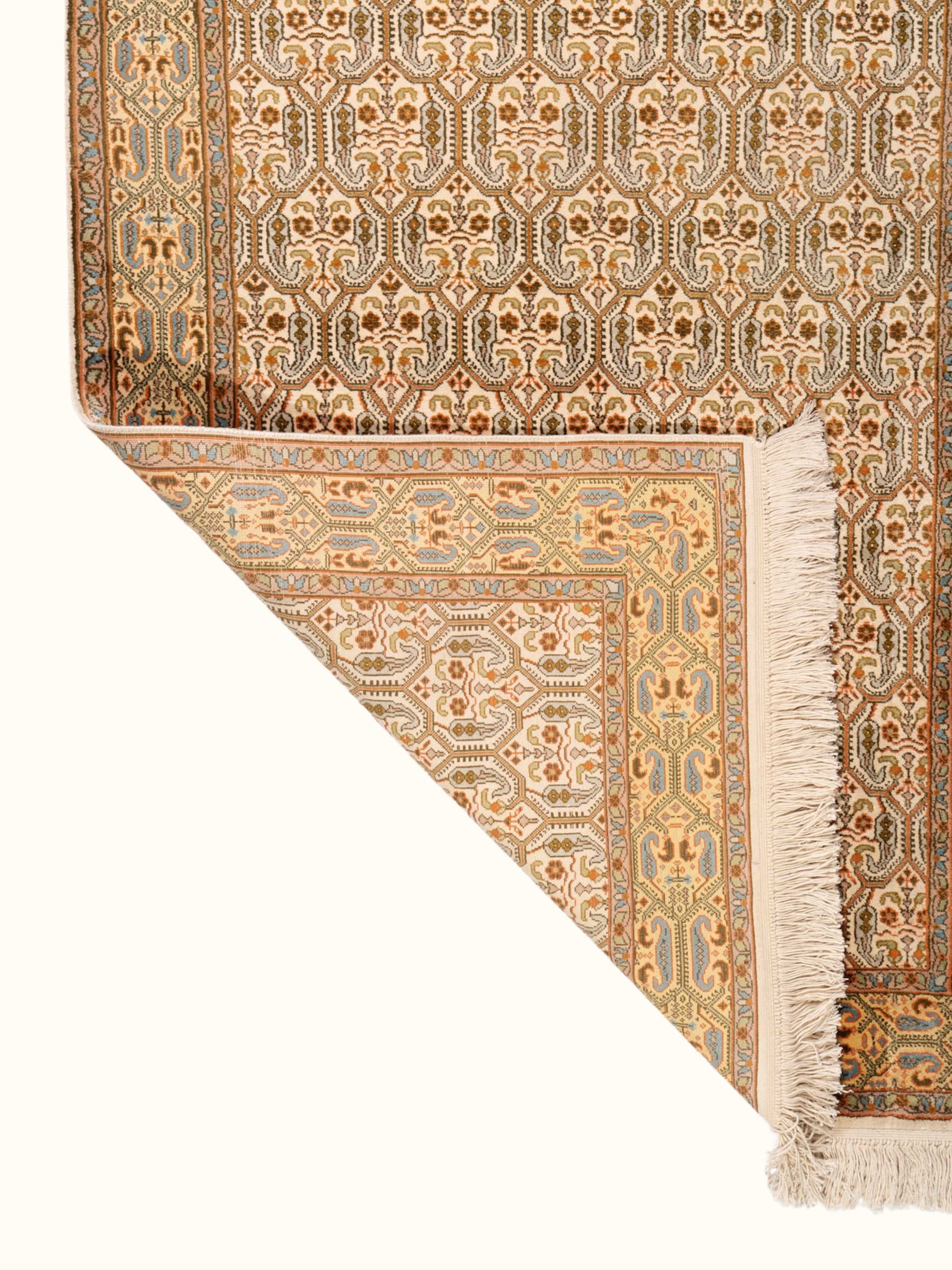 Traditional Persian Ivory Senneh Kashmir Silk Hand-Knotted Carpet