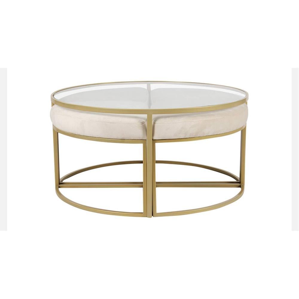 Benton Nesting Clear Glass Coffee Table Set With 4 Stools In Gold Finish