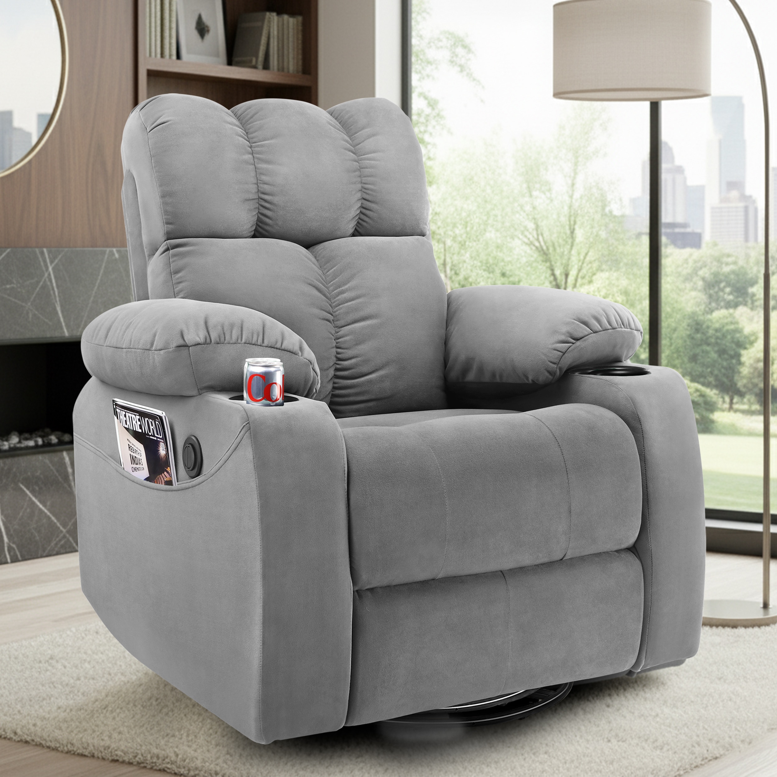 Helios Motorised Recliner Chair for with Rocking Revolving with Cup Holder and Pocket Premium Soft Suede Fabric 1 Seater Chair - Green