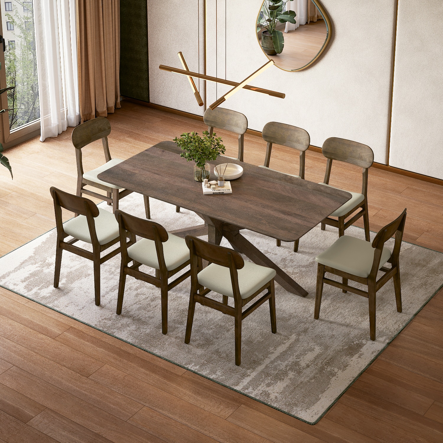 Anderson Solid Wood 8-Seater Dining Table With 8 Lunar Dining Chairs (Finish : Danish Walnut, Chair Colour : Cream Leatherette)