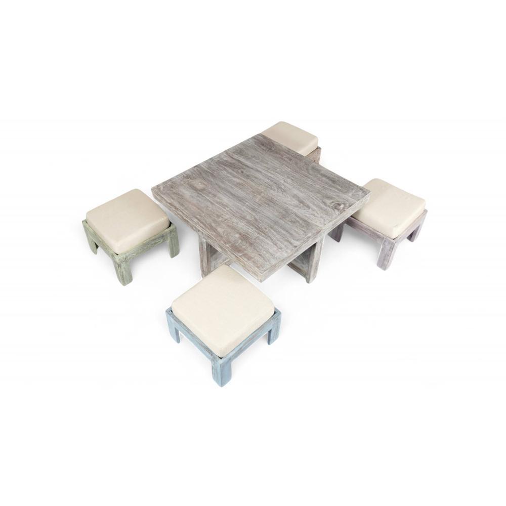 Blane Sheesham Wood Country Side Coffee Table Set With 4 Stools In Antique Multicolour Finish